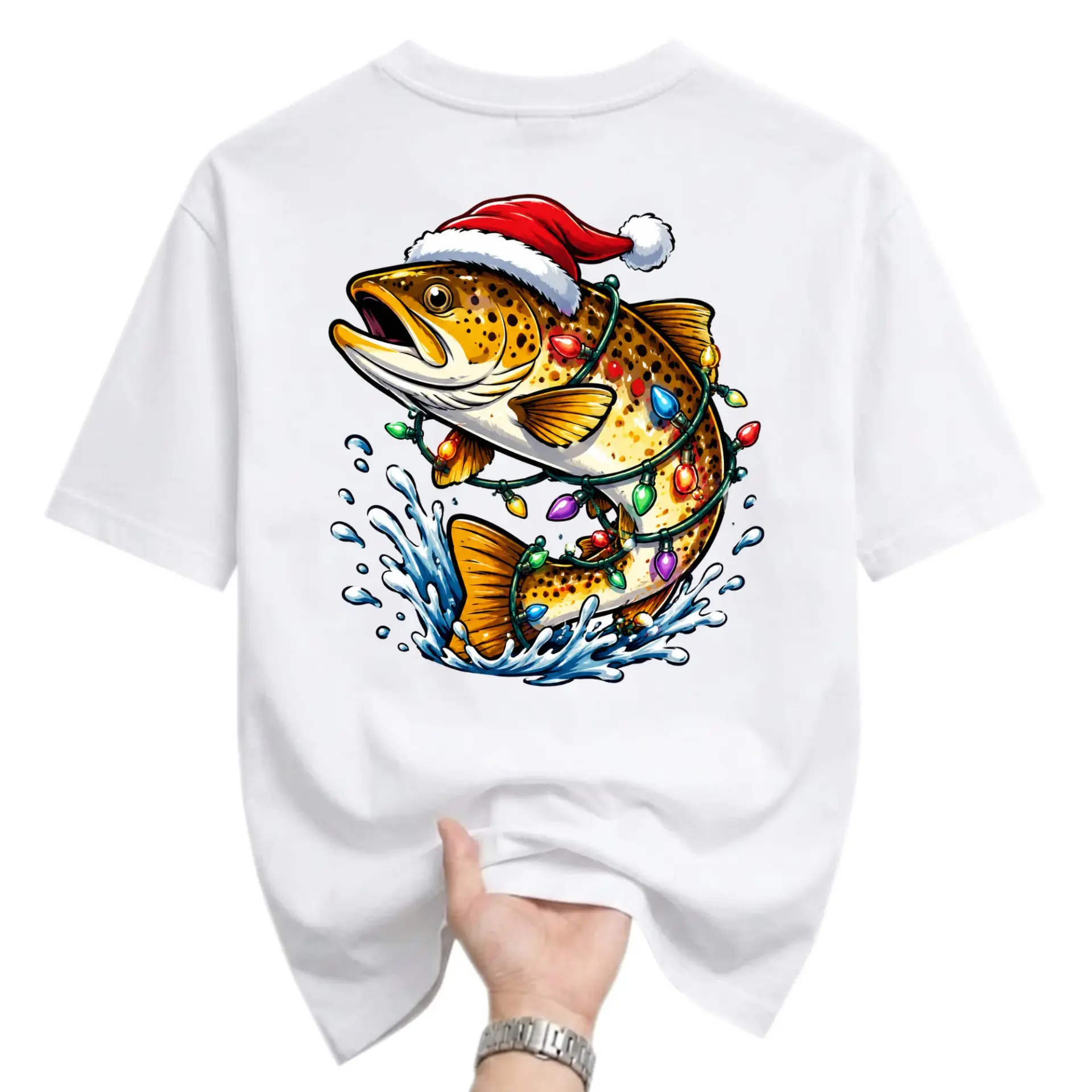 Funny Shirt Christmas Trout Graphic Tee Holiday Fishing Lover Unisex Crew Neck Casual Cotton Blend Apparel