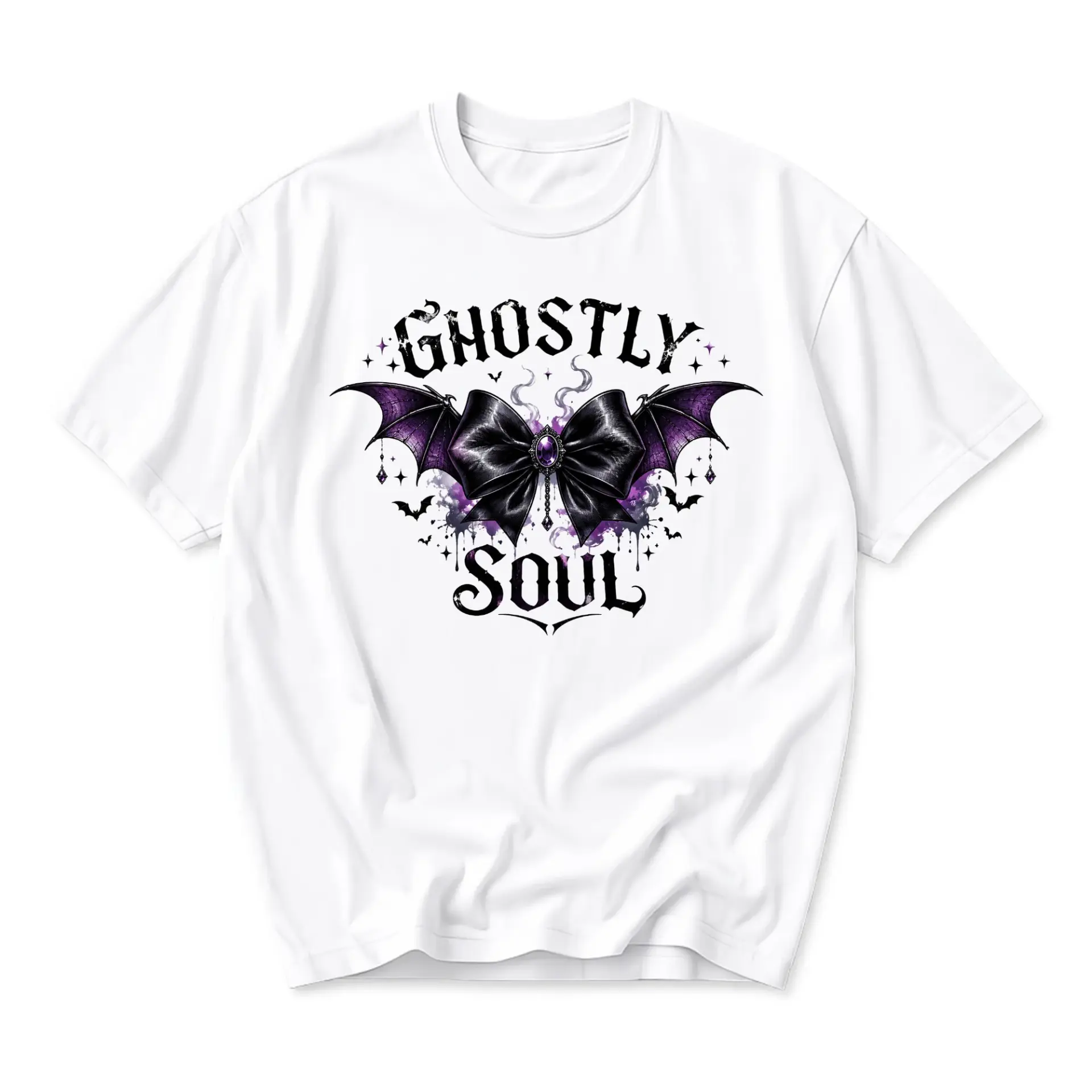 Graphic Tee Ghostly Soul Gothic Bat Bow Print Unisex Cotton Crew Neck Casual Short Sleeve Everyday Apparel