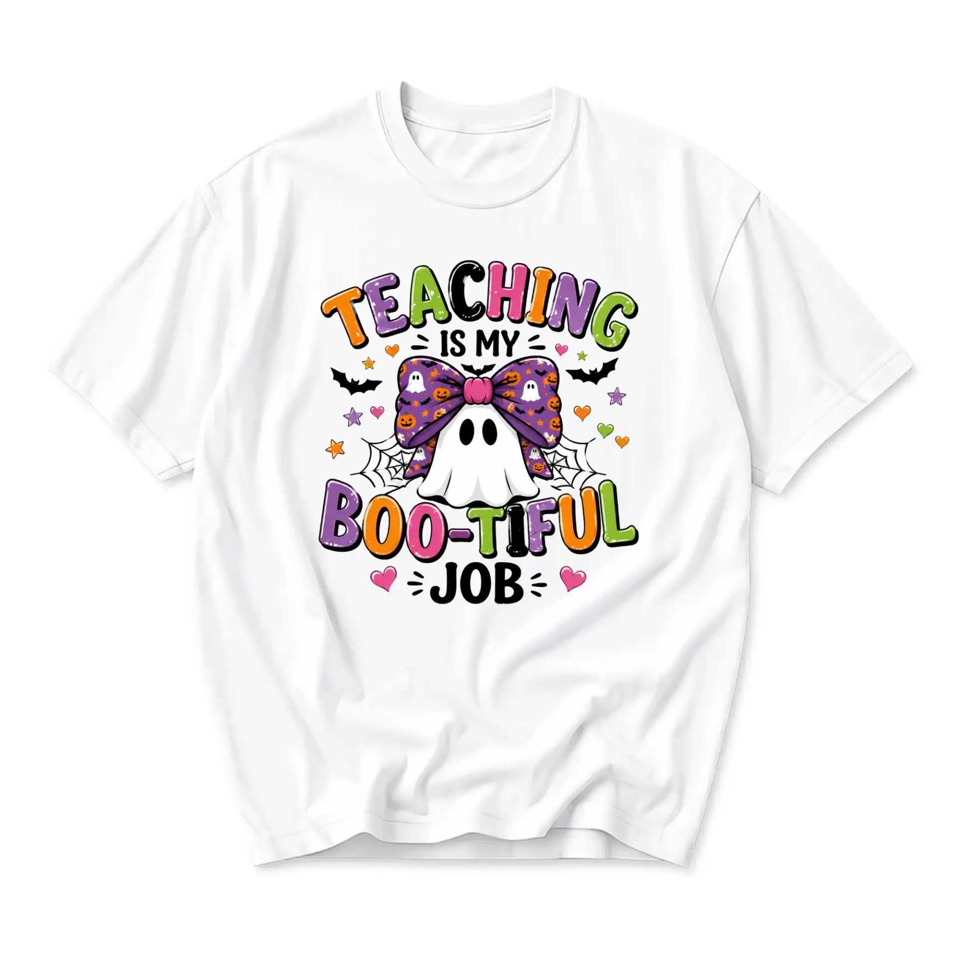 Funny Shirt Teaching Is My Boo-Tiful Job Graphic Tee Halloween Pumpkin Ghost Pattern Unisex Crew Neck Casual Wear
