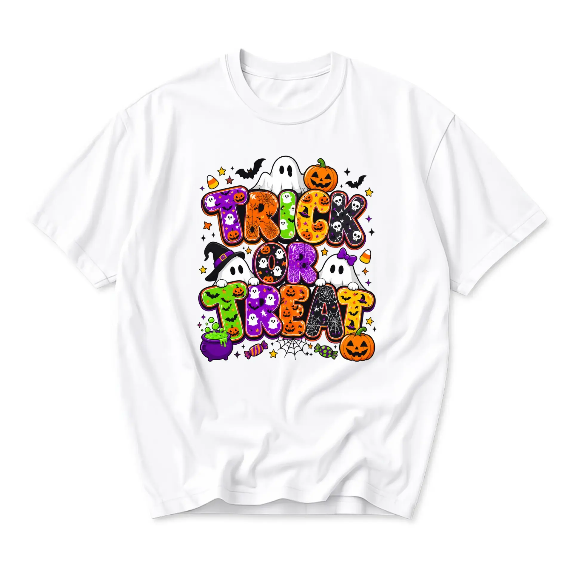Graphic Tee Trick or Treat Halloween Shirt Colorful Ghost Pumpkin Print Casual Unisex Short Sleeve Crew Neck Top