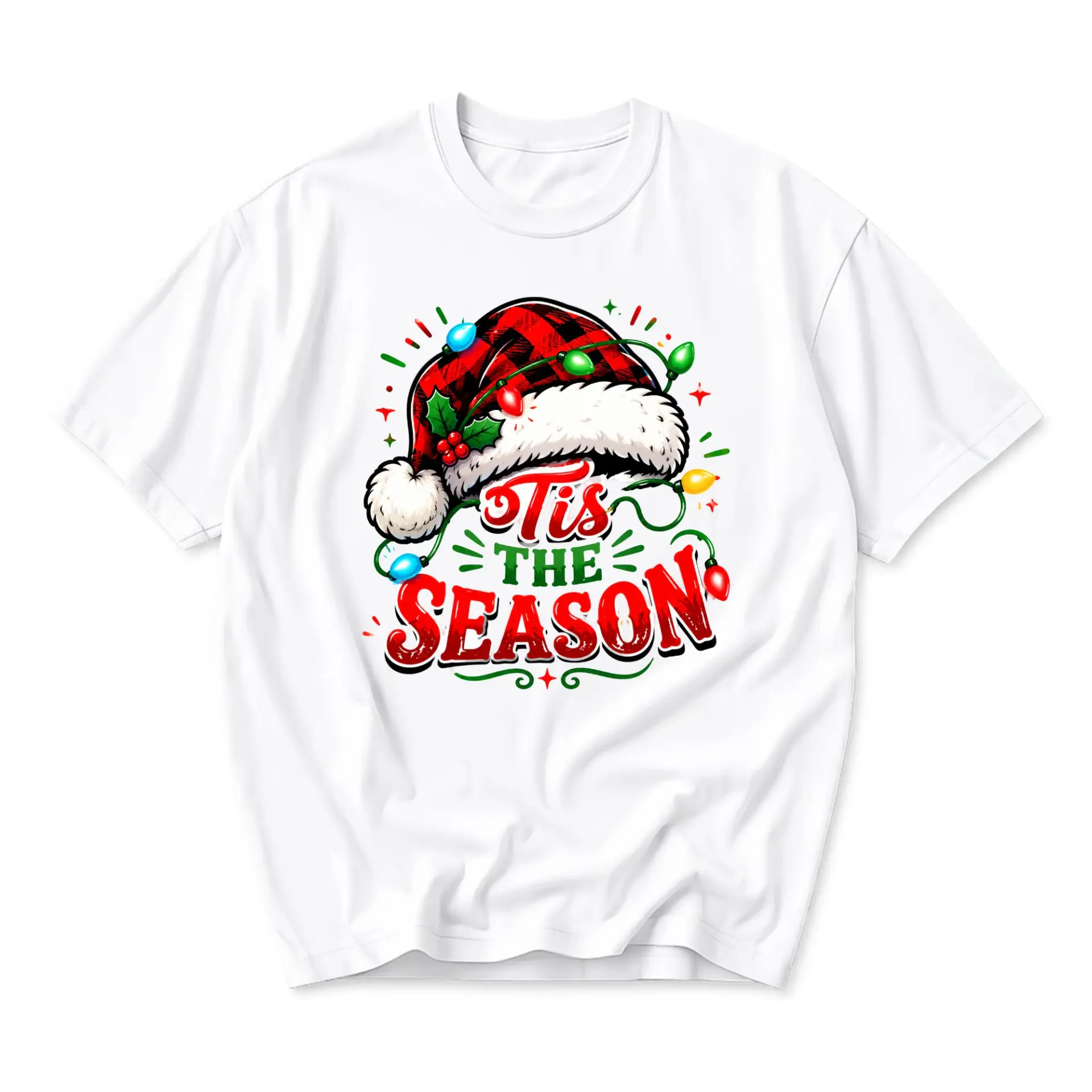 T-shirt Tis the Season Graphic Tee Holiday Plaid Santa Hat Unisex Crew Neck Casual Everyday Wear Soft Cotton Shirt