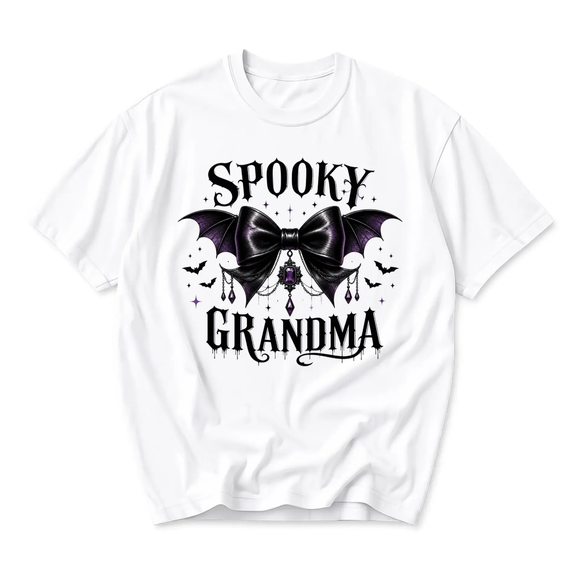 Graphic Tee Spooky Grandma Halloween Bow Bat Wings Unisex Crew Neck T-Shirt for Casual Everyday Wear Comfort Apparel