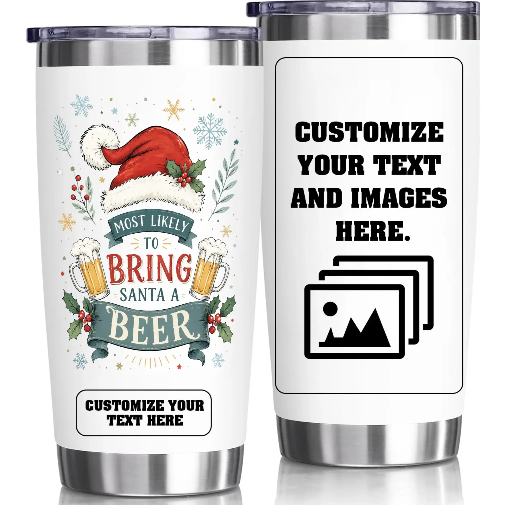 Stainless Steel Tumbler 20oz Insulated Travel Cup Funny Christmas Beer Theme Personalized Gift for Holiday Party Beverage