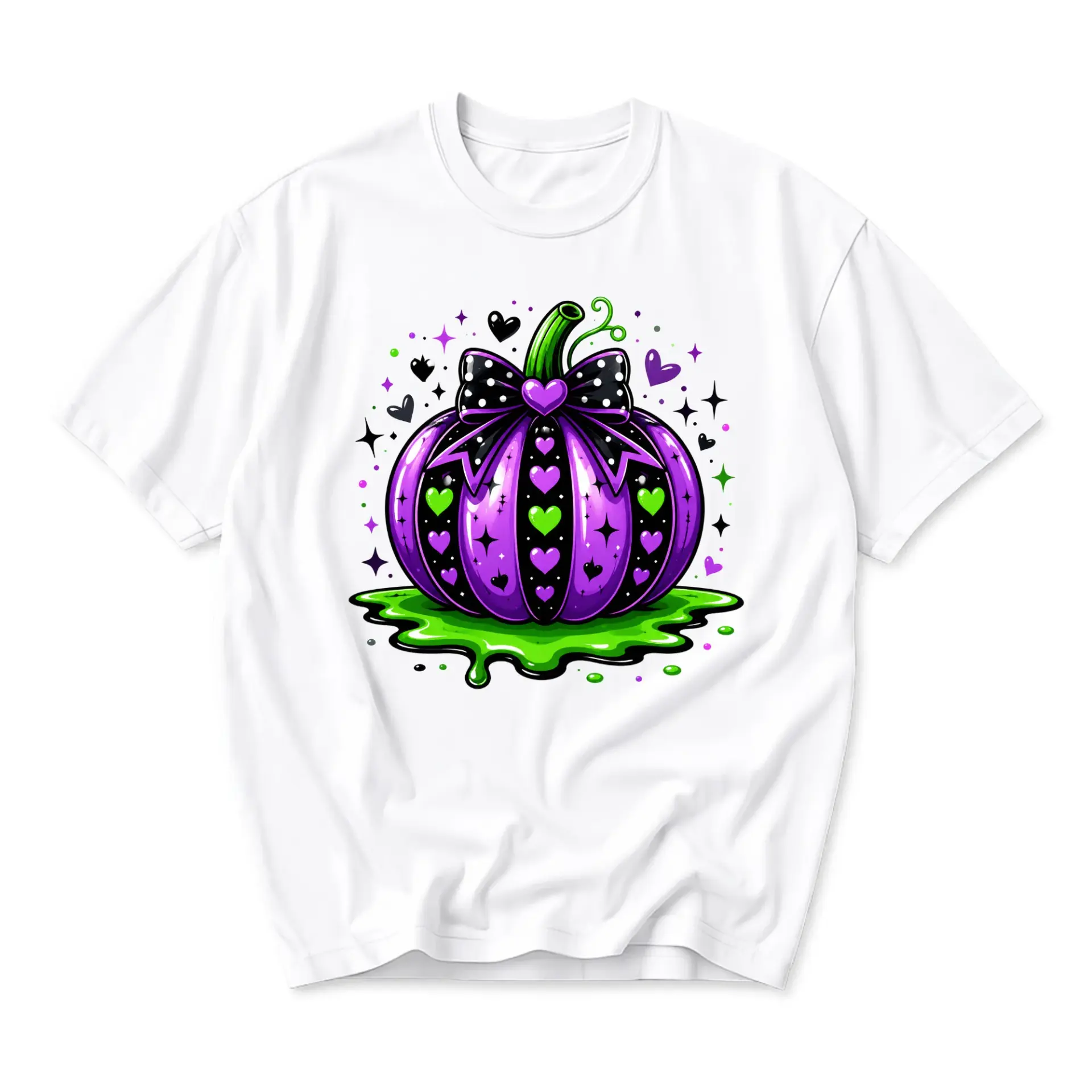 Graphic Tee Unisex Crew Neck T-Shirt Featuring a Vibrant Purple Pumpkin with Hearts and Green Slime Design