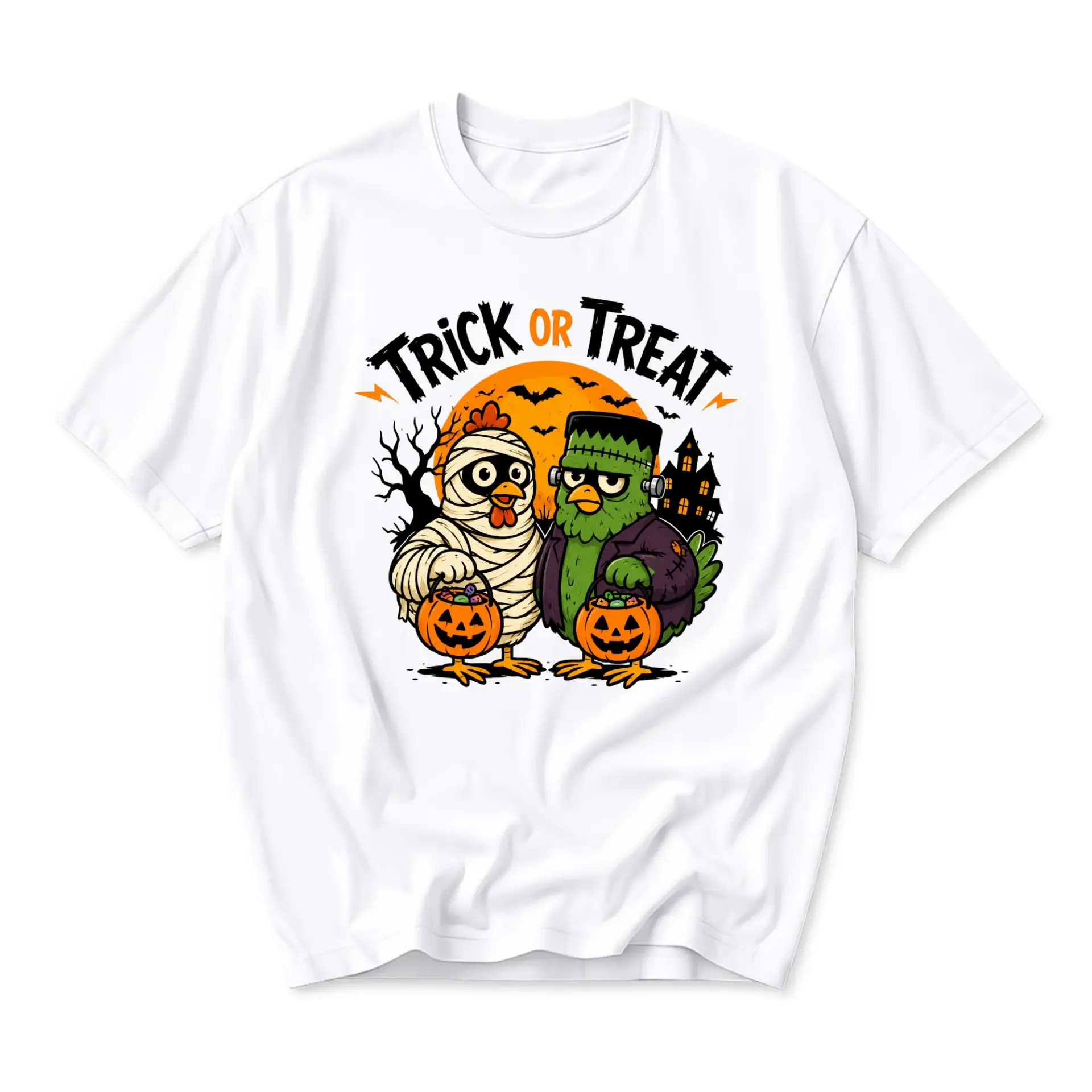 Funny Shirt Trick or Treat Halloween Chicken Graphic Tee Unisex Crew Neck Comfortable Cotton Blend Casual Apparel