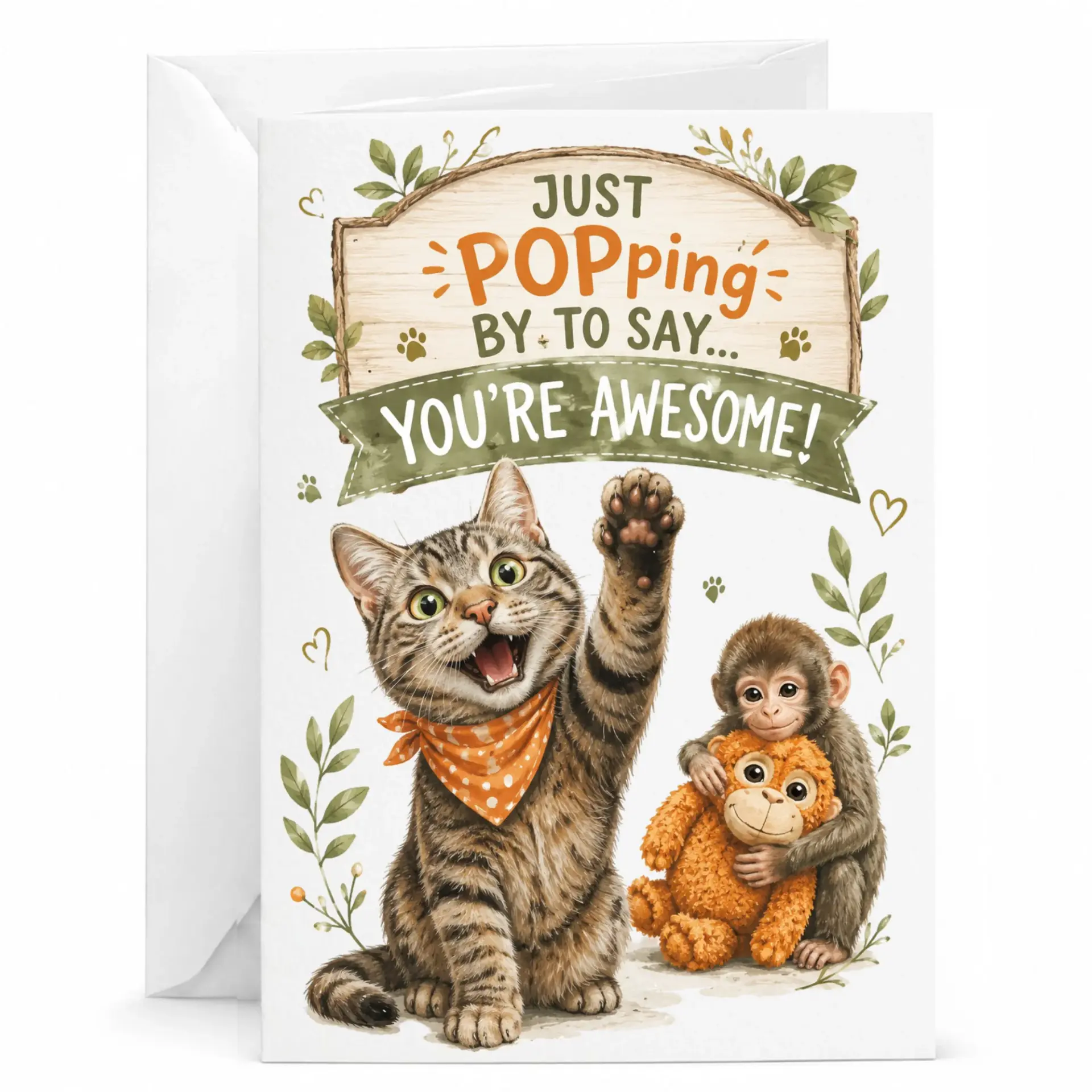 Funny Cat and Monkey Greeting Card Just Popping by to Say You Are Awesome Illustrated Animal with White Envelope