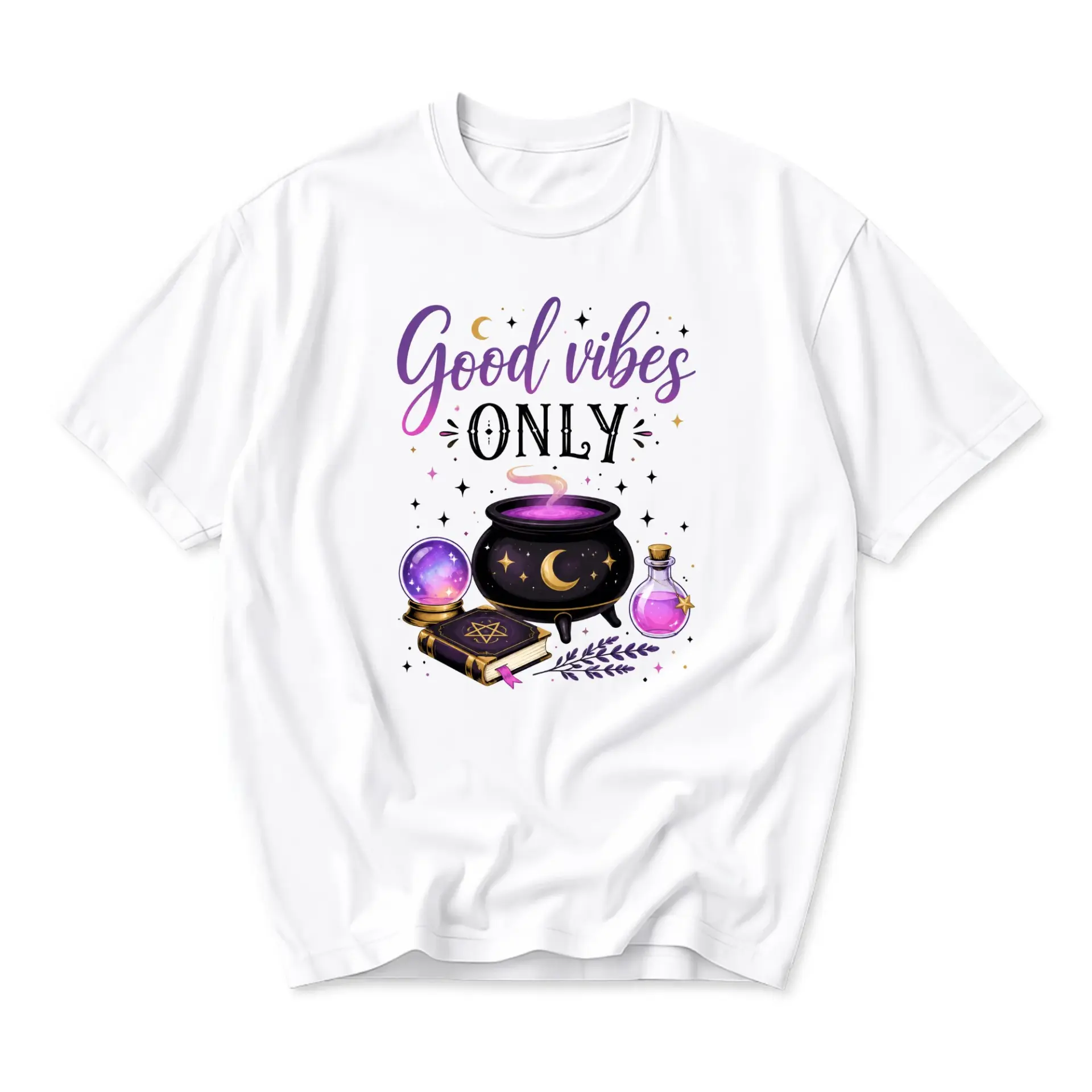 Graphic Tee Good Vibes Only Witchy Cauldron Crystal Ball Print Unisex Crew Neck Casual Short Sleeve Summer Shirt