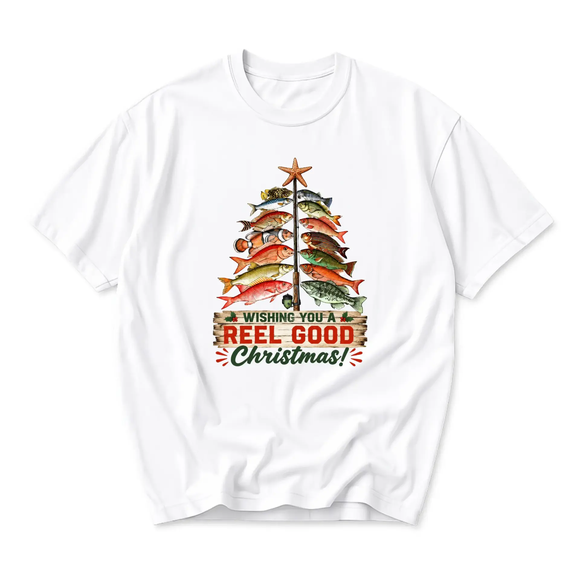 Funny Shirt Wishing You a Reel Good Christmas Graphic Tee Unisex Casual Holiday Fishing Crew Neck Cotton Blend T-Shirt