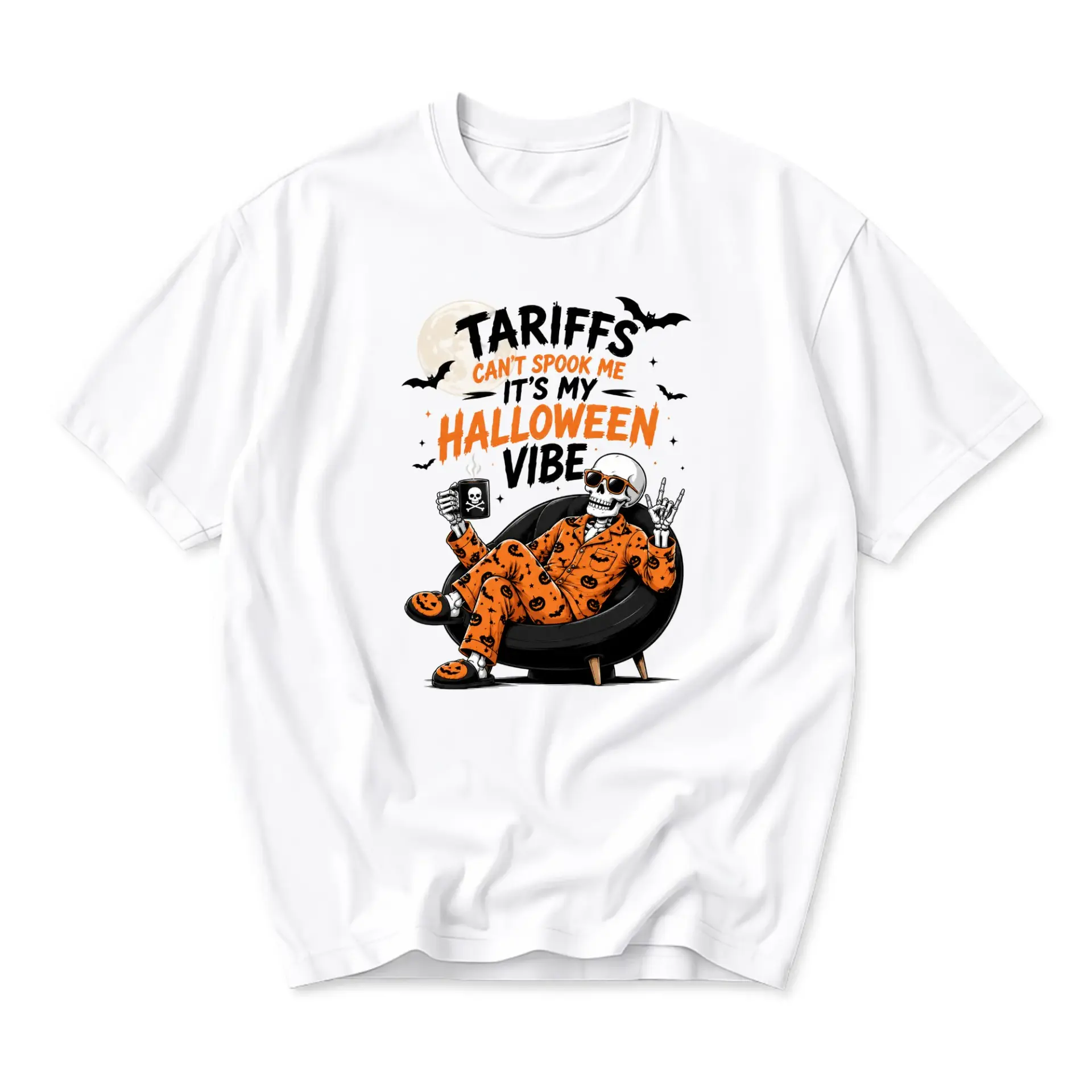 Funny Shirt Unisex Graphic Printed Tee with Skeleton Wearing Pumpkin Pajamas for Halloween Seasonal Casual Wear
