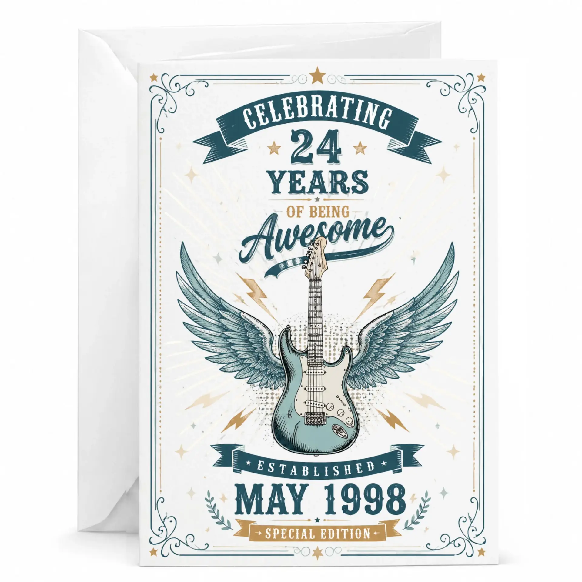 Birthday Card Celebrating 24 Years of Being Awesome Vintage Electric Guitar Illustration Milestone Greeting Card