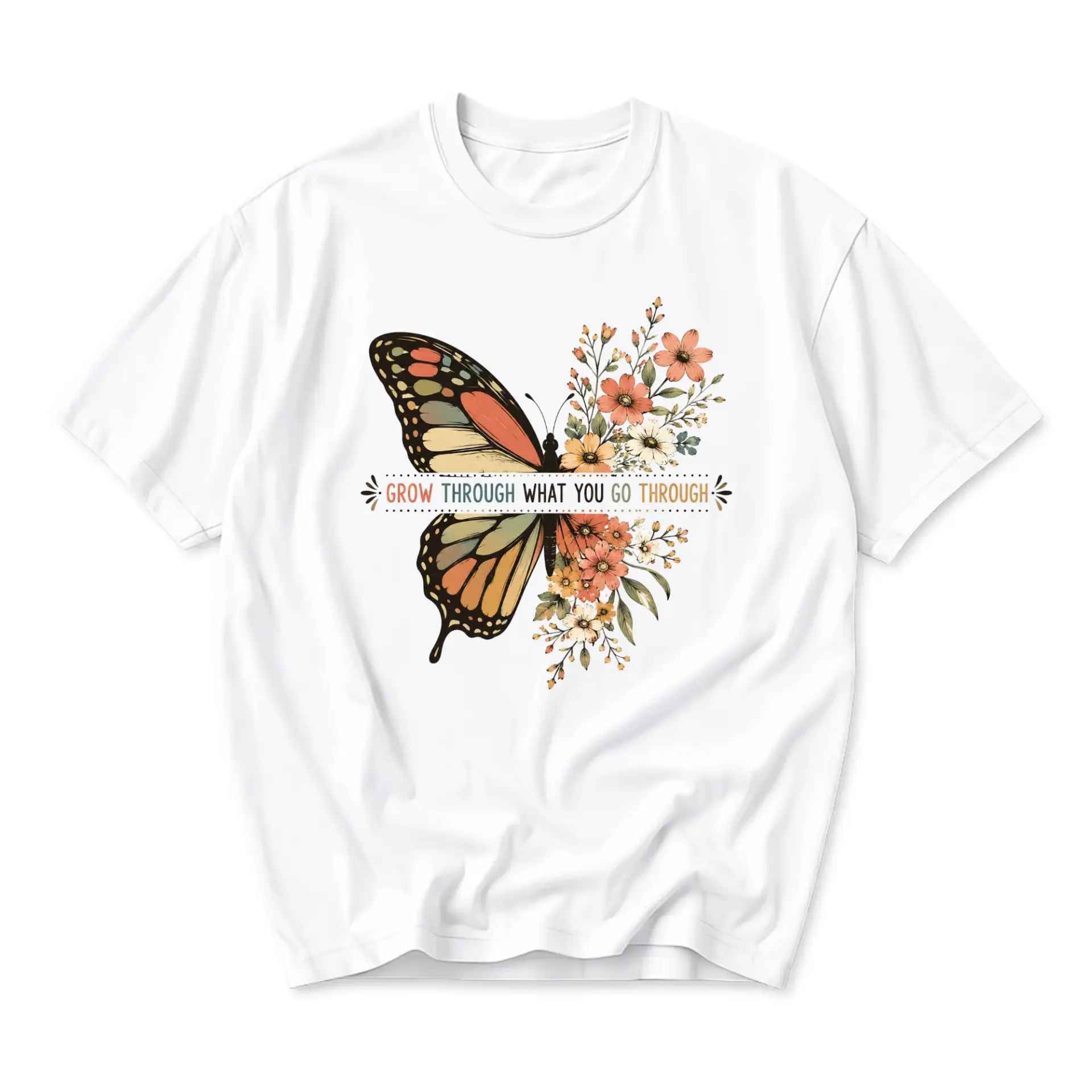 Graphic Tee Unisex Crew Neck Short Sleeve Shirt with Inspirational Butterfly and Floral Art for Casual Everyday Apparel