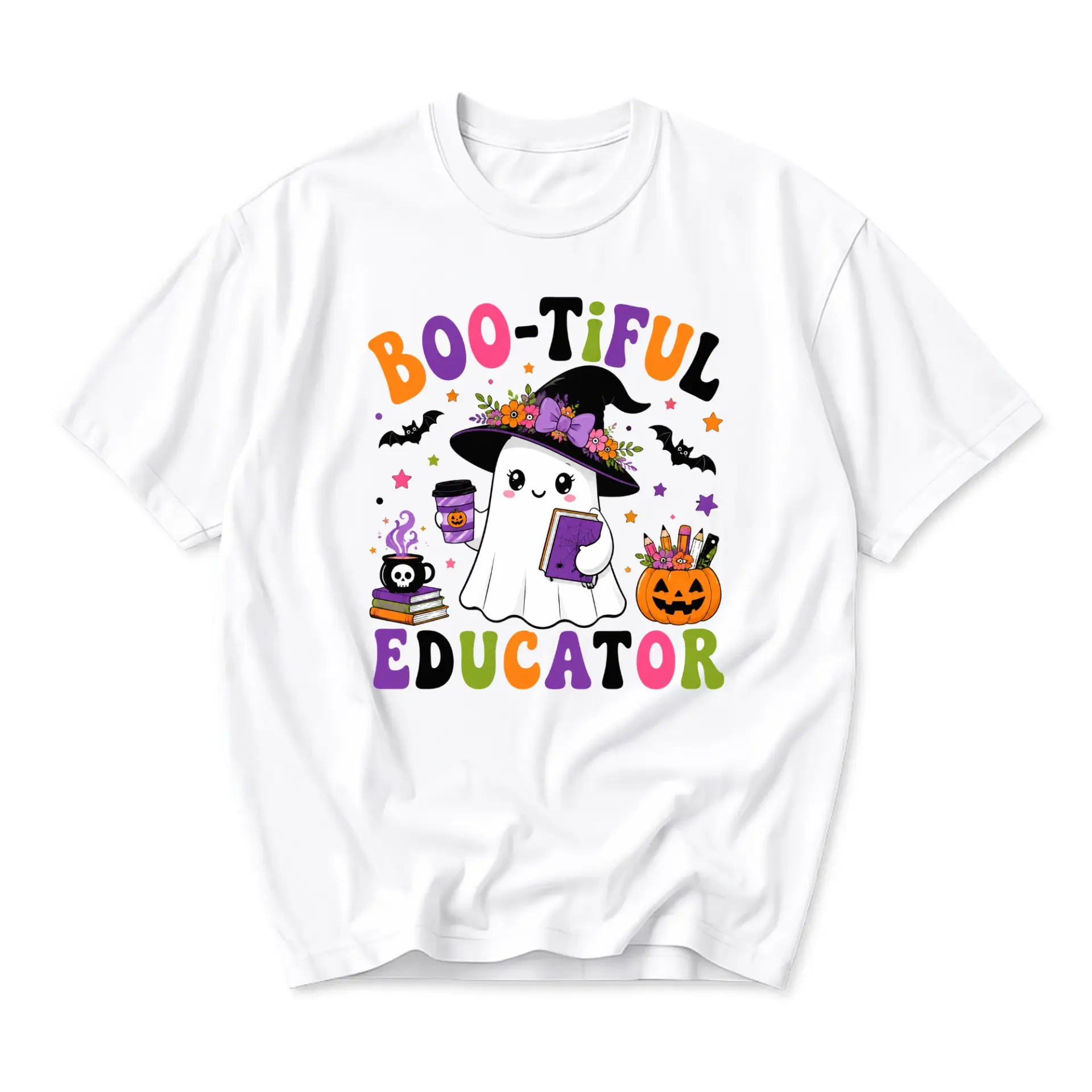 Graphic Tee Boo-Tiful Educator Fall Halloween Shirt Funny School Teacher Holiday Gift Unisex Casual Crew Neck T-Shirt