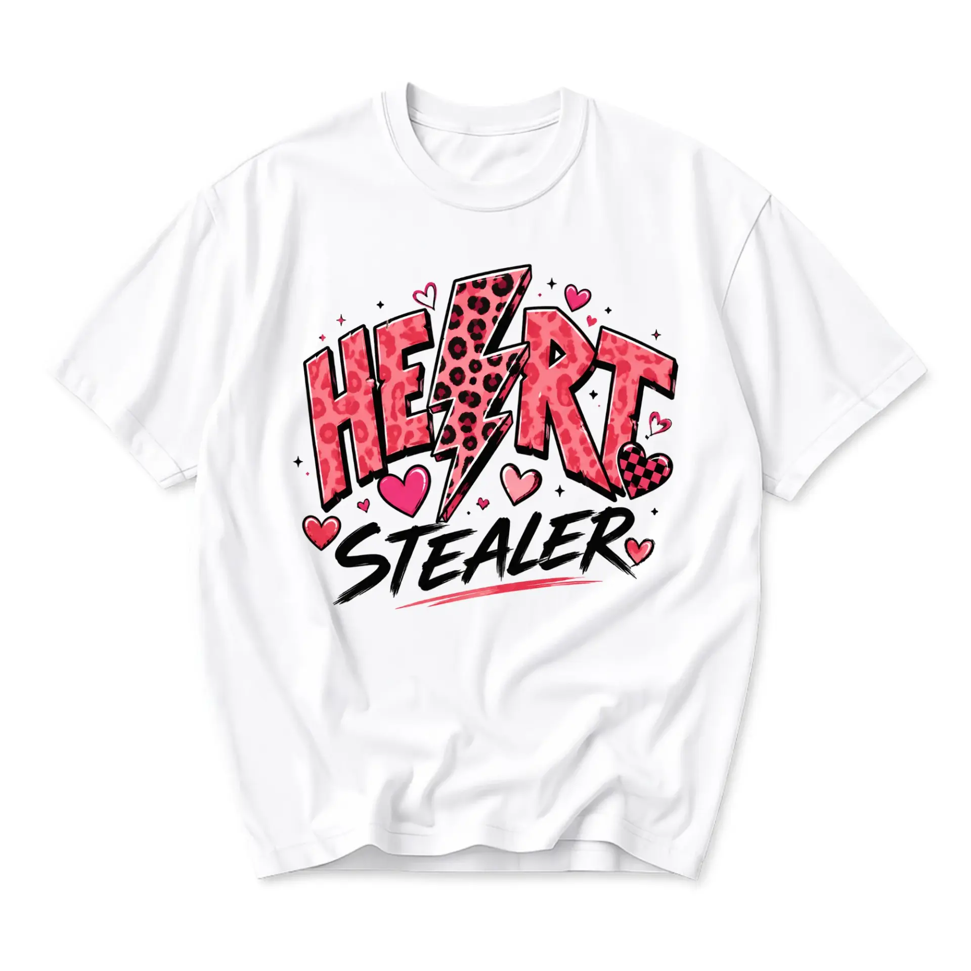 Graphic Tee Heart Stealer Print Unisex Crew Neck Shirt Casual Short Sleeve Top Comfortable Everyday Apparel White Shirt