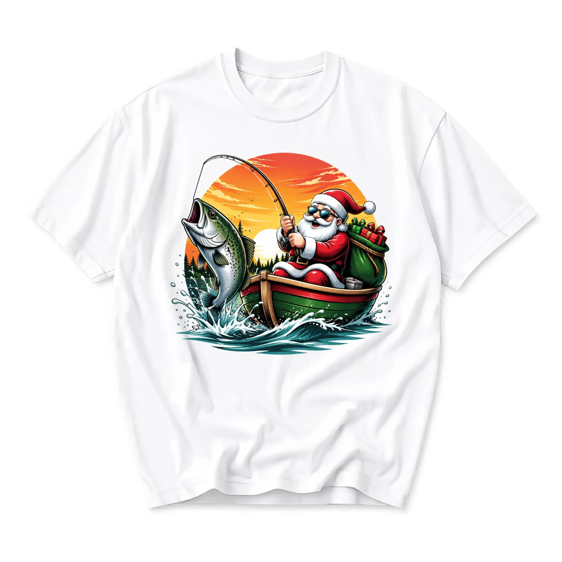 Graphic Tee Santa Fishing in a Boat Holiday Season Unisex Short Sleeve Crew Neck Casual Cotton Blend Shirt Apparel