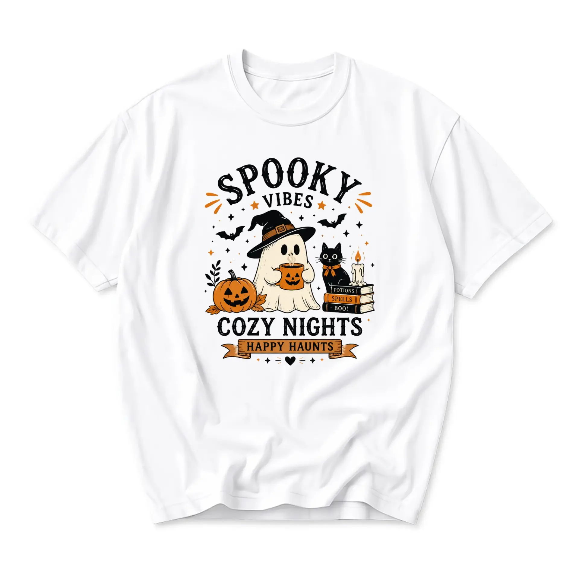 T-shirt Spooky Vibes Cozy Nights Graphic Tee Featuring a Cute Ghost with a Pumpkin and Black Cat Illustration