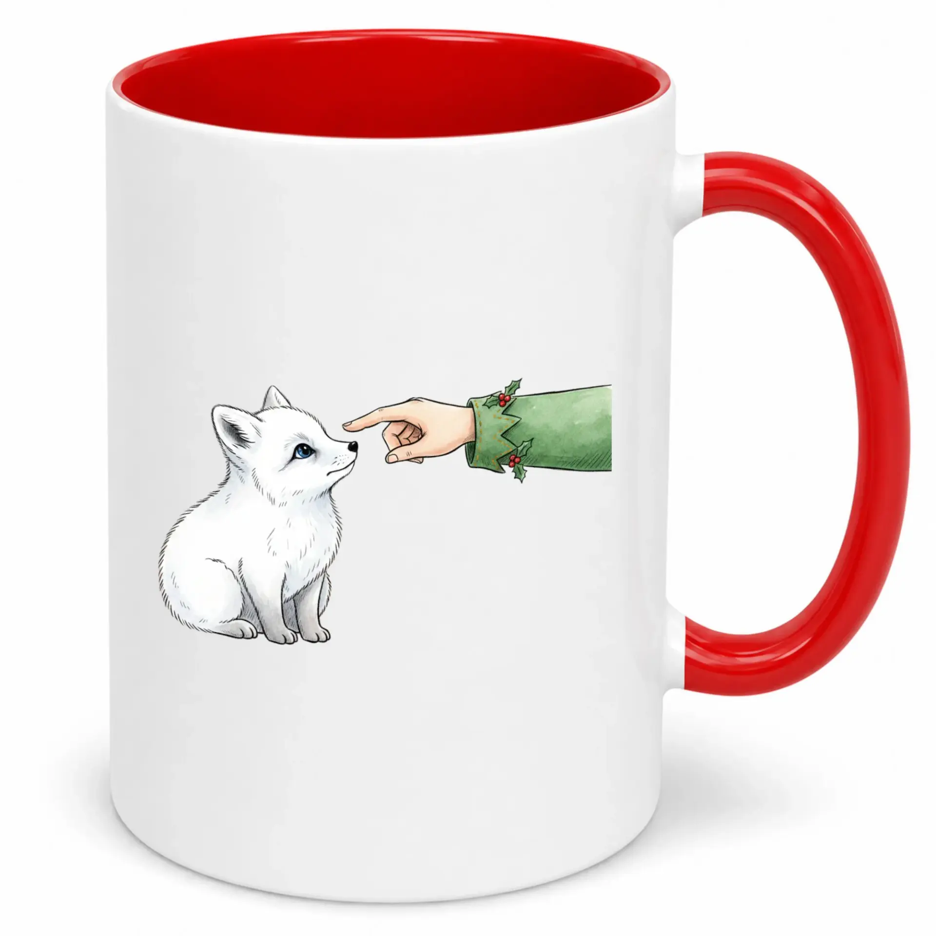 Ceramic Coffee Mug Cute Arctic Fox and Elf Finger Touching Nose Winter Holiday Animal White Drinkware
