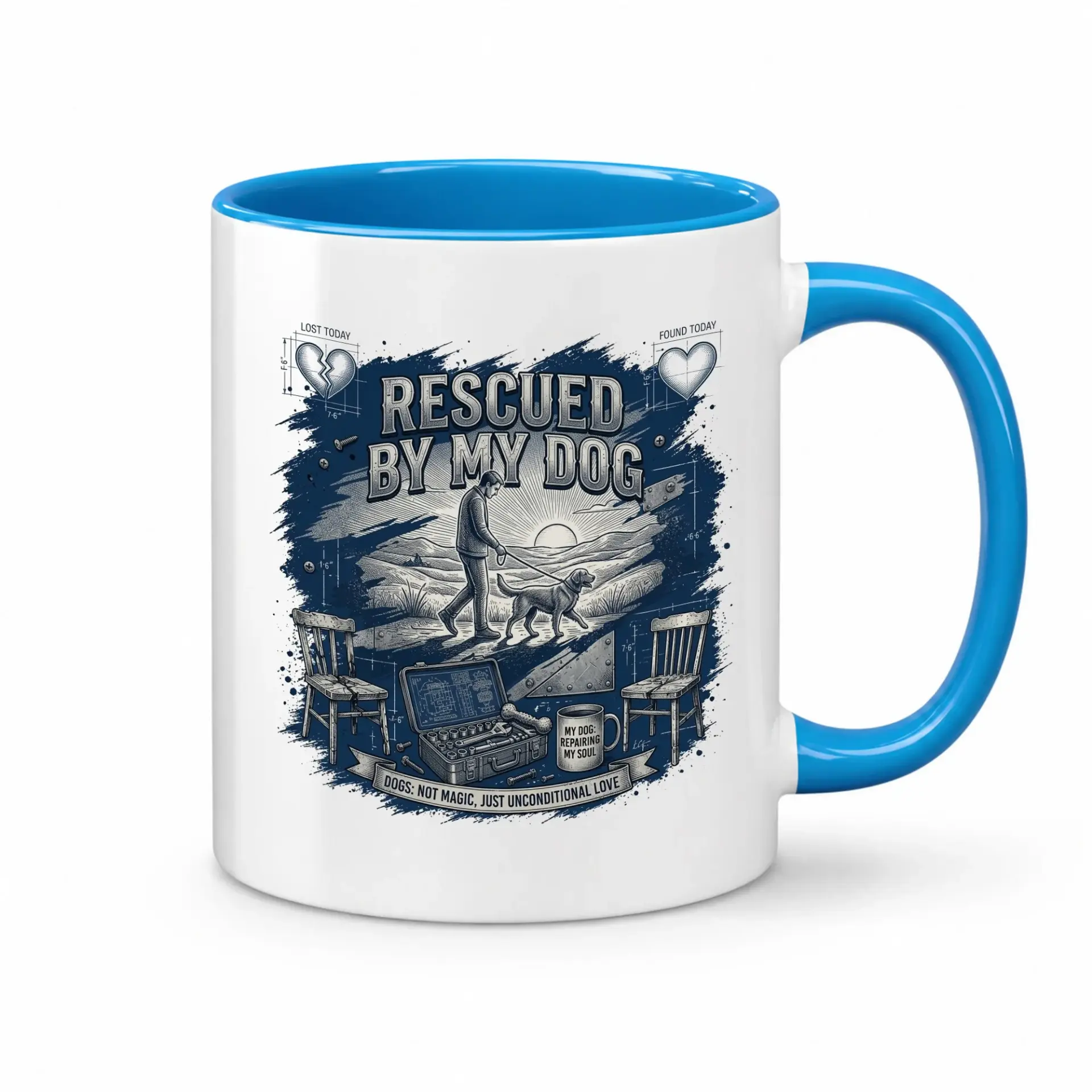 Heartfelt Rescued by My Dog Ceramic Mug with Blue Accent Handle and Detailed Illustration for Lovers Coffee