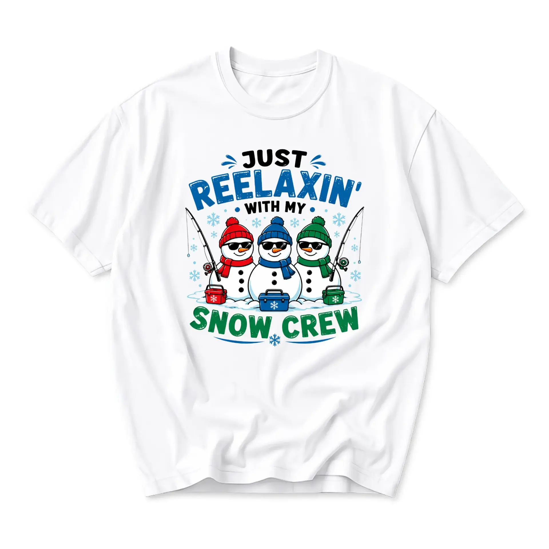 Funny Shirt Just Reelaxin with My Snow Crew Fishing Snowmen Graphic Tee