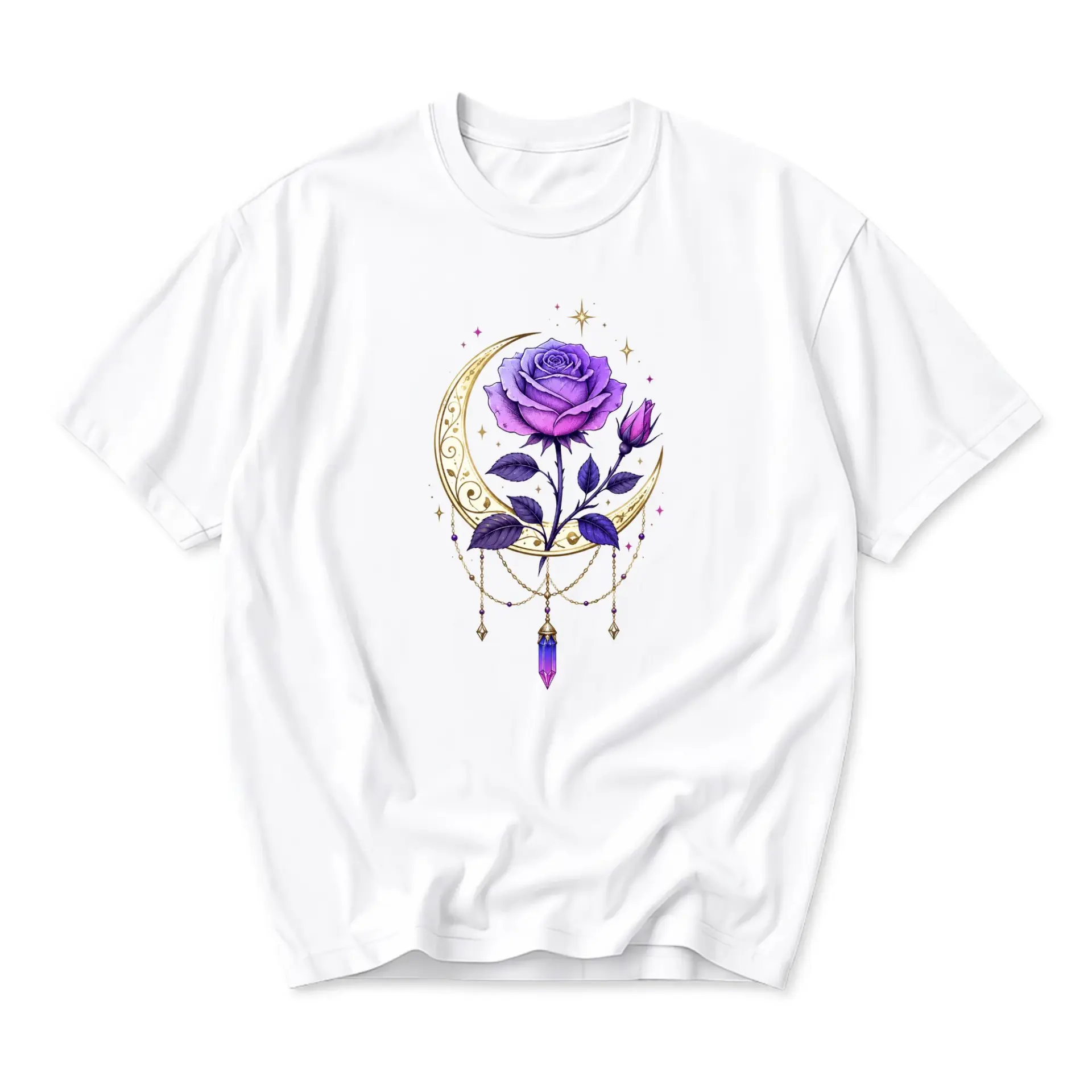 Graphic Tee Moon and Purple Rose Floral Design Celestial Botanical Unisex Crew Neck Casual Cotton Blend Short Sleeve Shirt
