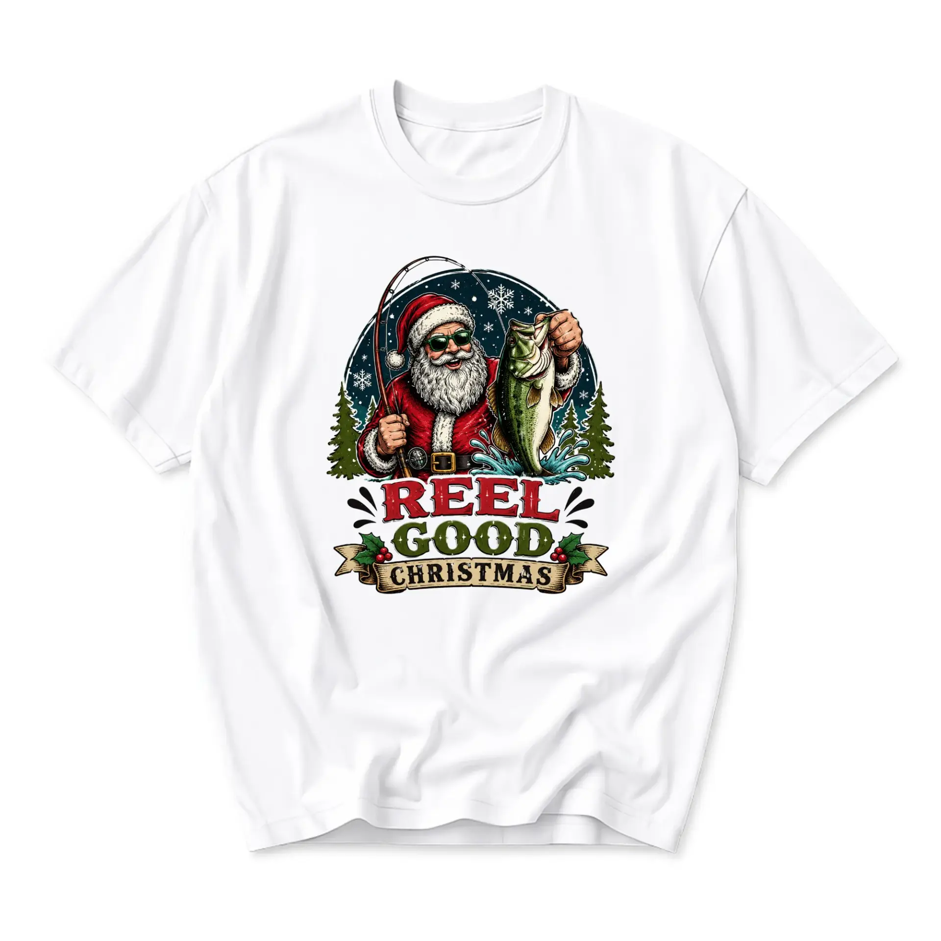 Funny Shirt Reel Good Christmas Santa Fishing Graphic Tee Unisex Casual Apparel for Holiday Seasons and Outdoor Enthusiasts