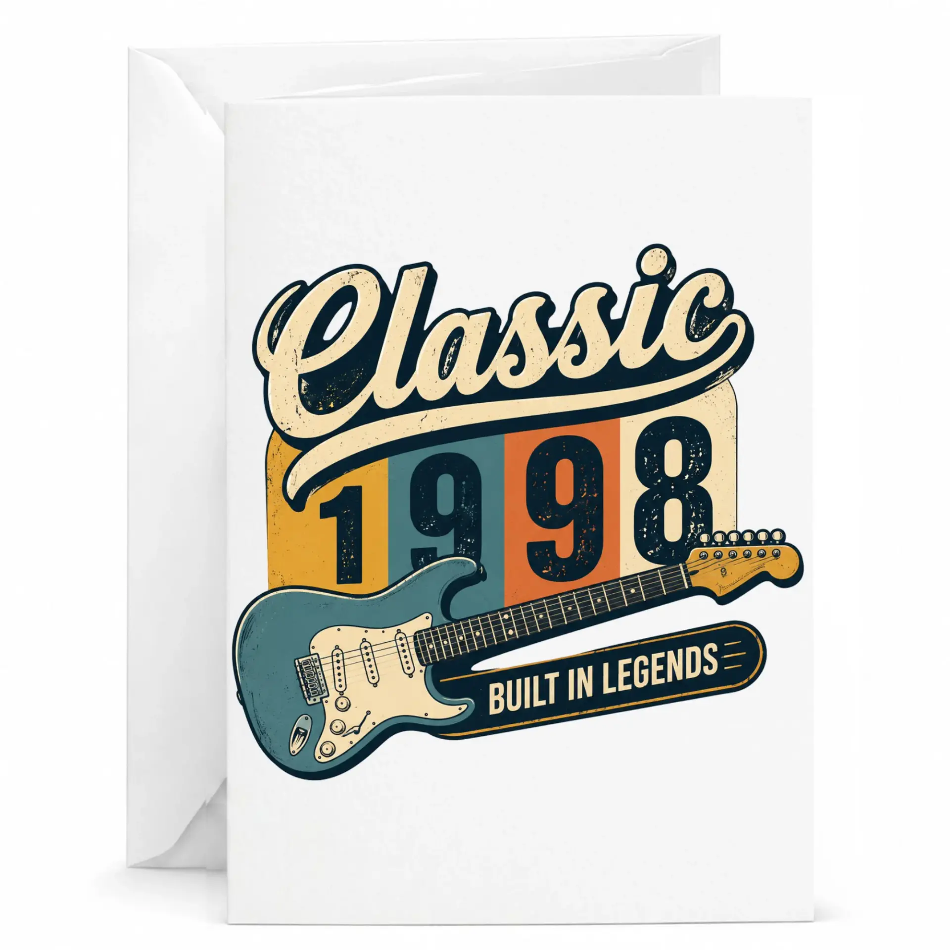 Birthday Card Vintage Guitar Classic 1998 Built in Legends Design Greeting Card for Music Lovers with Envelope