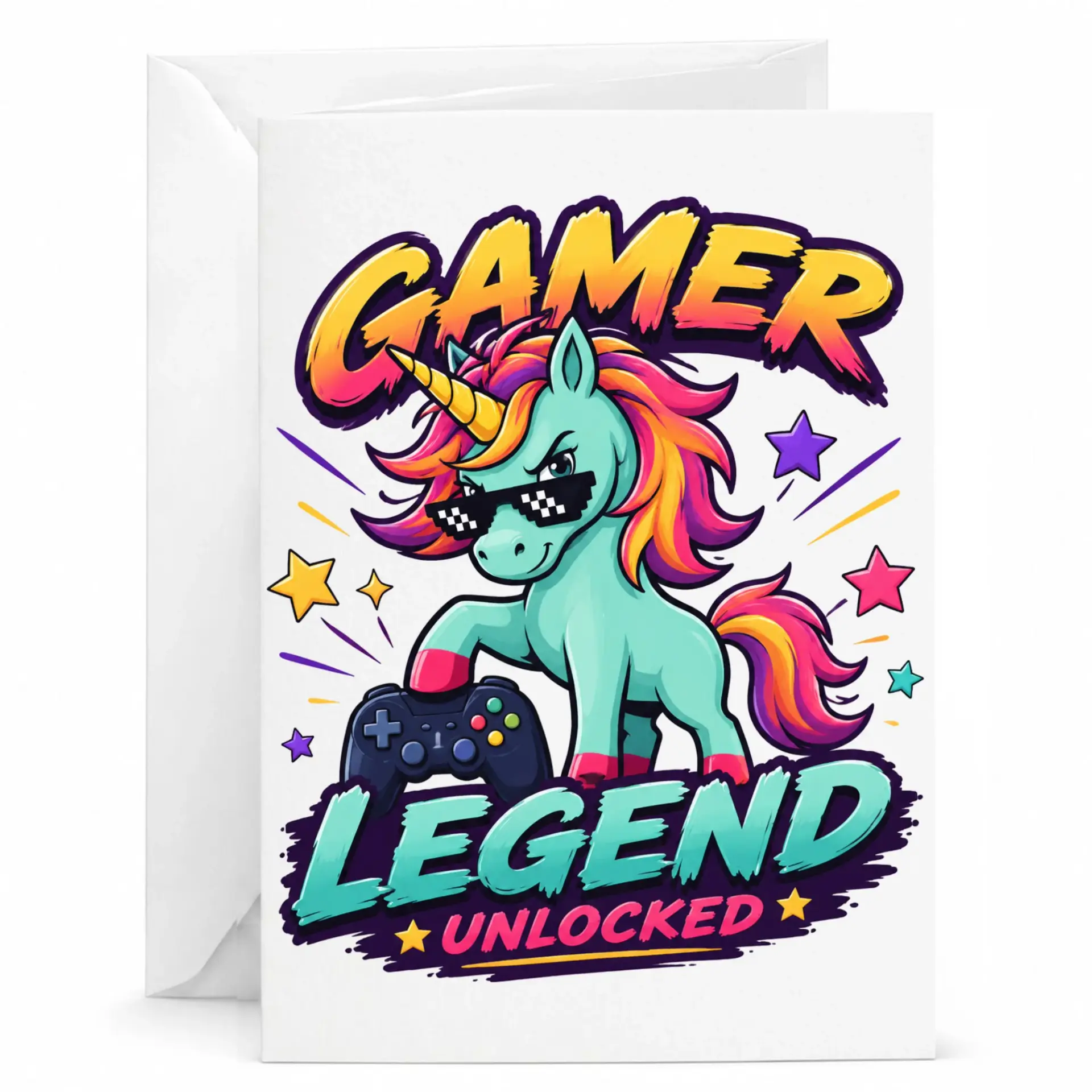 Funny Gamer Legend Unlocked Greeting Card Featuring Cool Unicorn with Sunglasses and Video Game Controller