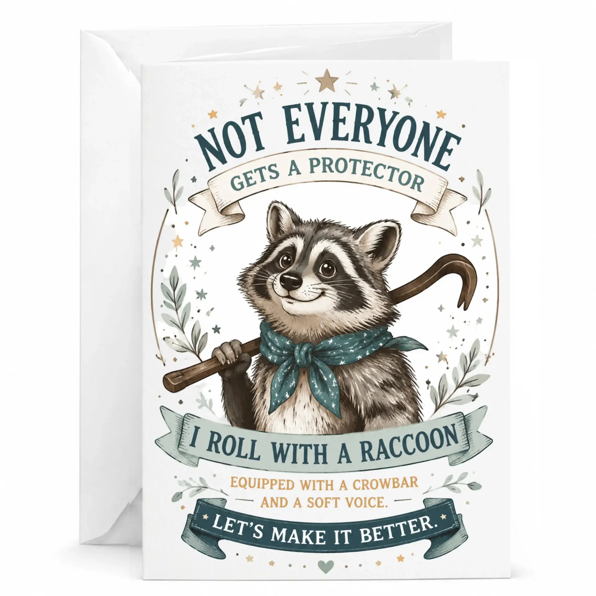 Funny Raccoon Greeting Card with Whimsical Crowbar Illustration Design