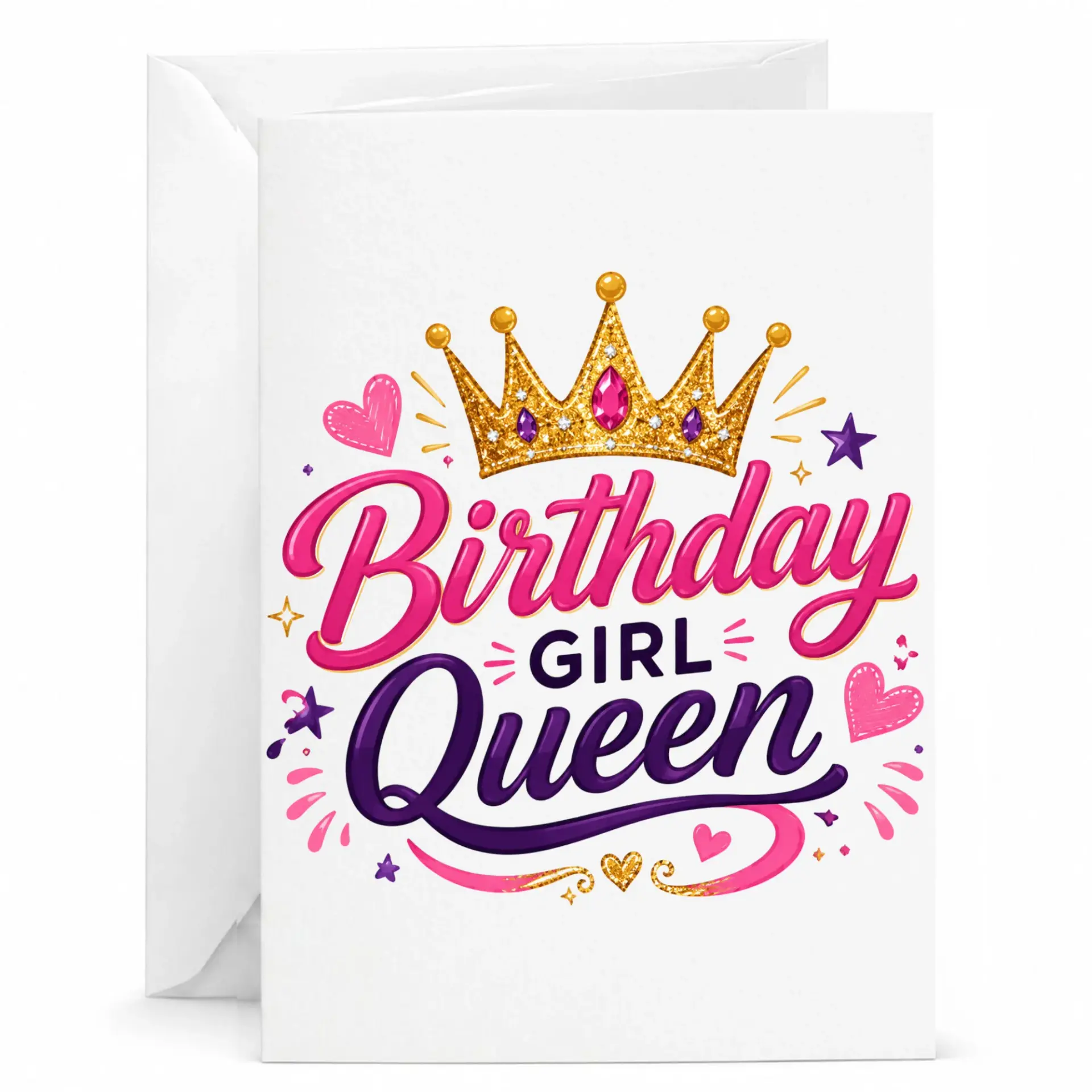 Birthday Card Birthday Girl Queen Greeting Card with Crown Illustration and Vibrant Pink and Purple Lettering