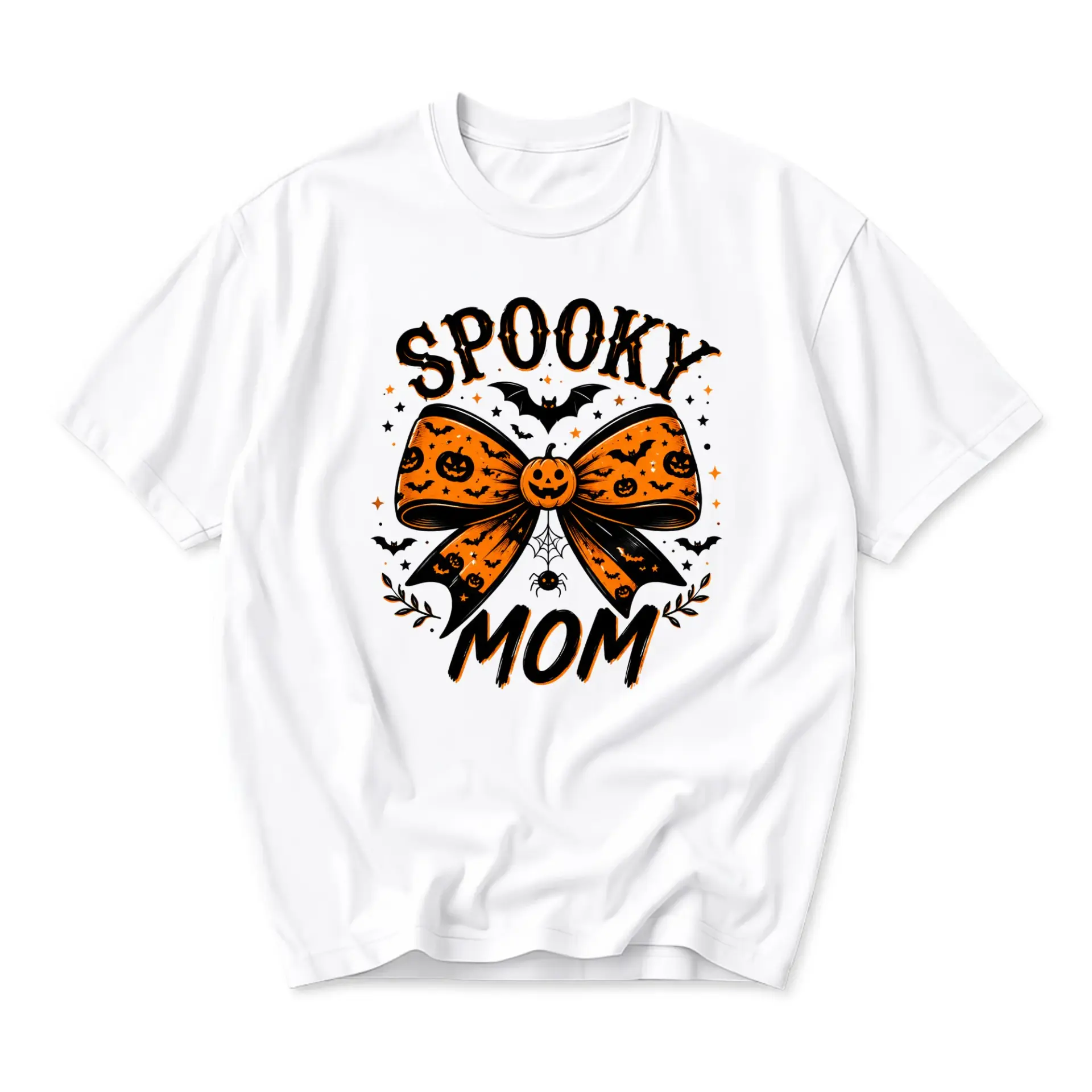 Graphic Tee Spooky Mom Halloween Bow Shirt Cute Fall Pumpkin Unisex Crew Neck Cotton Blend Casual Holiday Top
