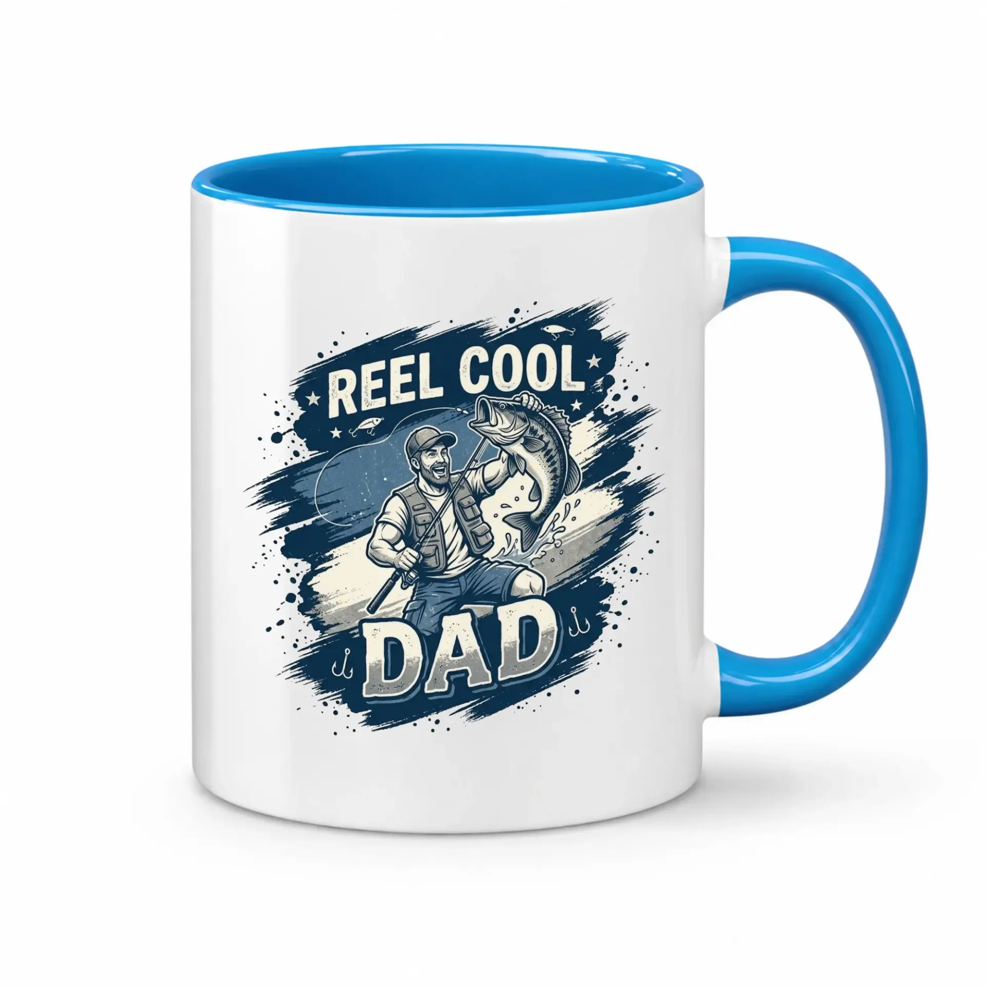 Funny Fishing Themed Coffee Mug Reel Cool Dad Novelty Ceramic Cup for Men Blue Handle Two Personalized Drinkware