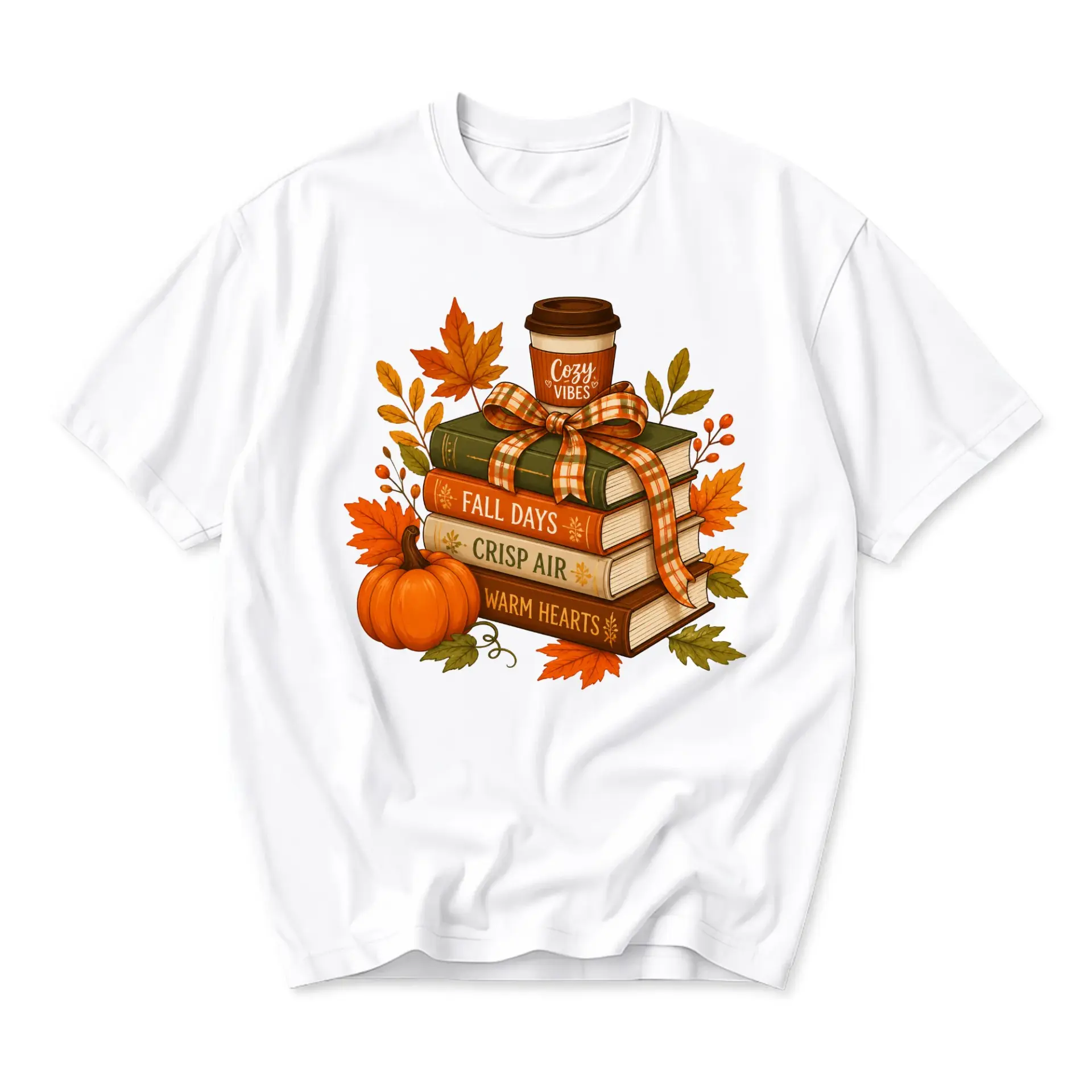 Graphic Tee Autumn Season Shirt Fall Days Crisp Air Warm Hearts Cozy Vibes Coffee Books Pumpkin Seasonal Print Top
