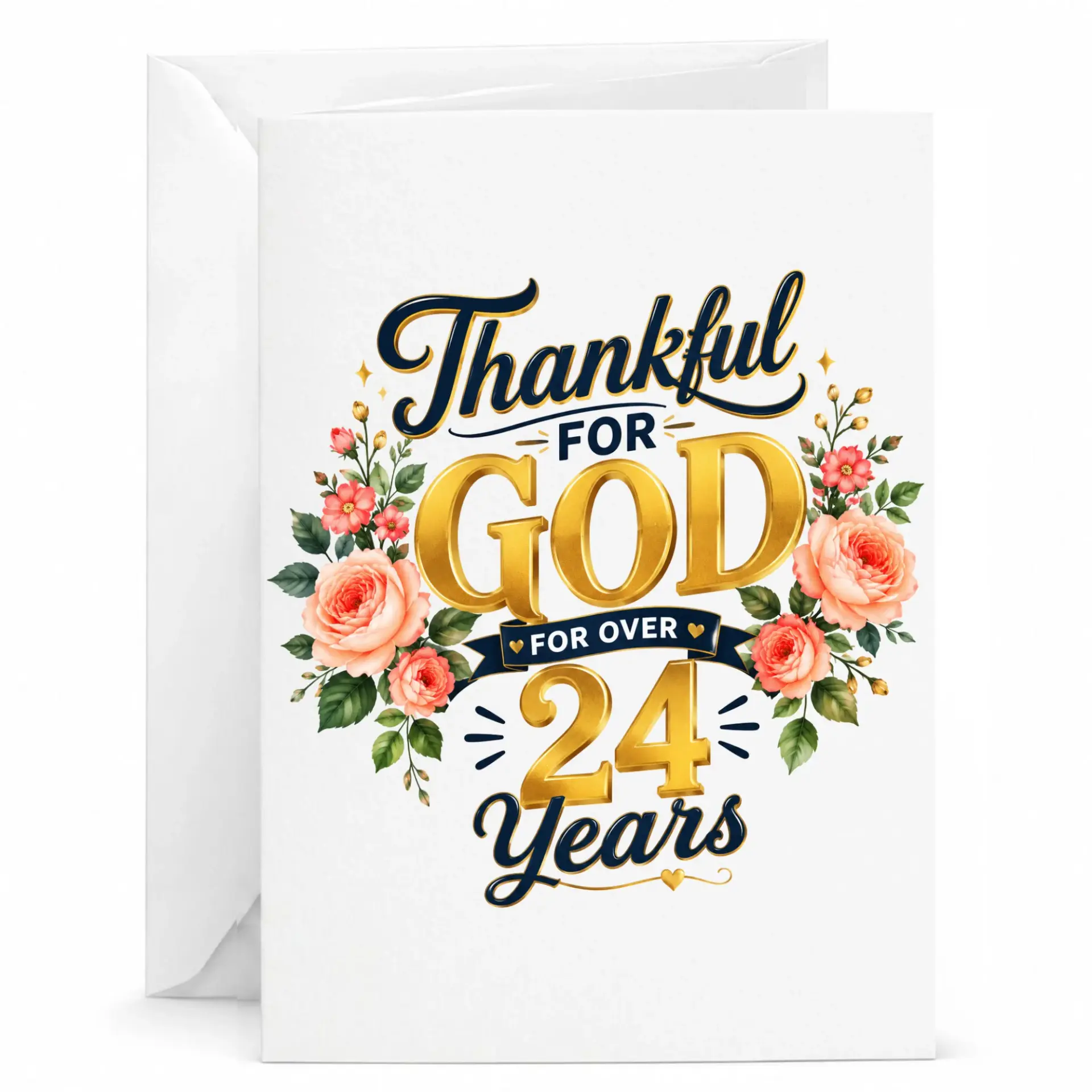 Greeting Card Thankful for God for over 24 Years Floral Design Anniversary Birthday Religious Celebration Note Card