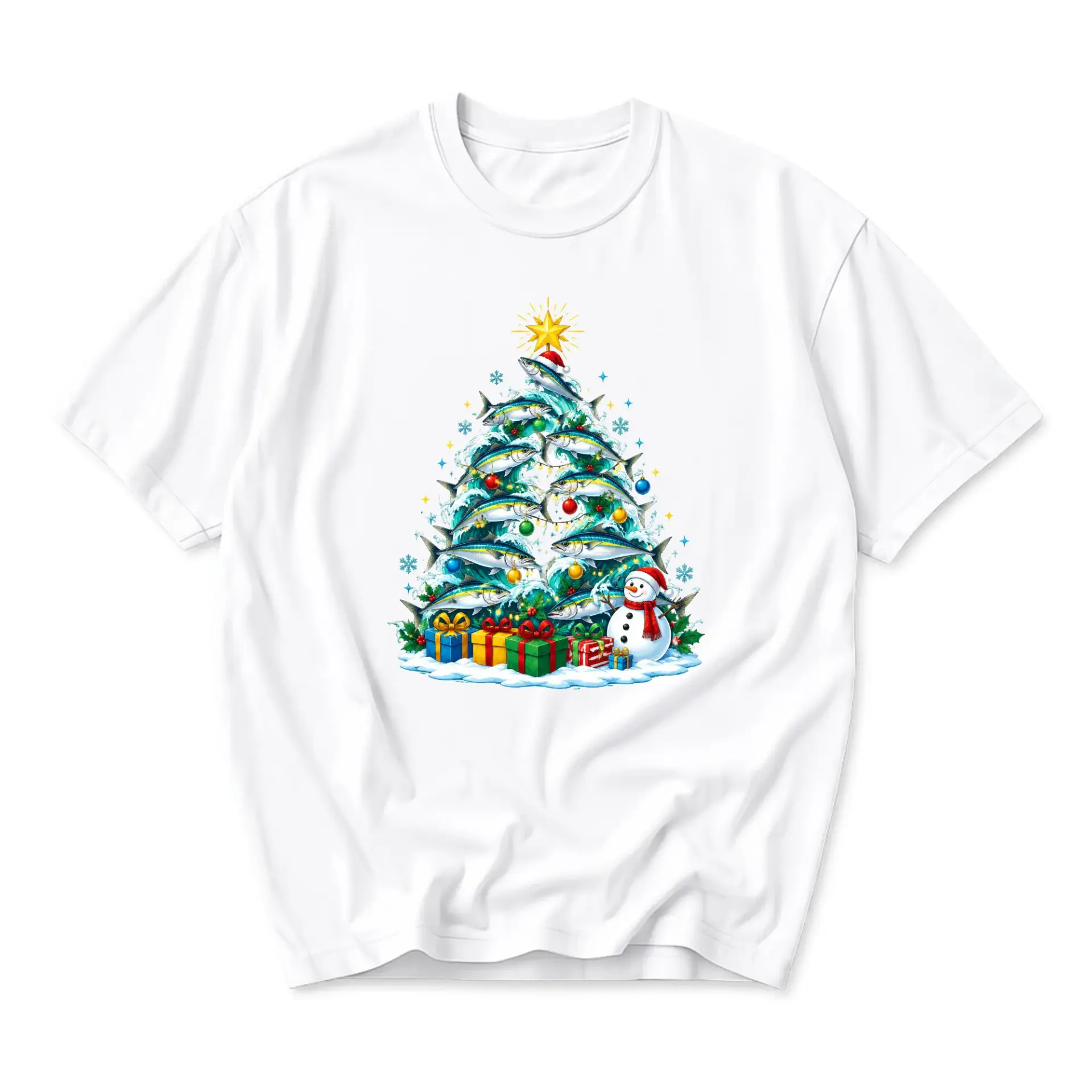 Graphic Tee Christmas Fishing Tree Print Unisex Crew Neck Shirt for Holiday Season Casual Wear and Festive Outfits