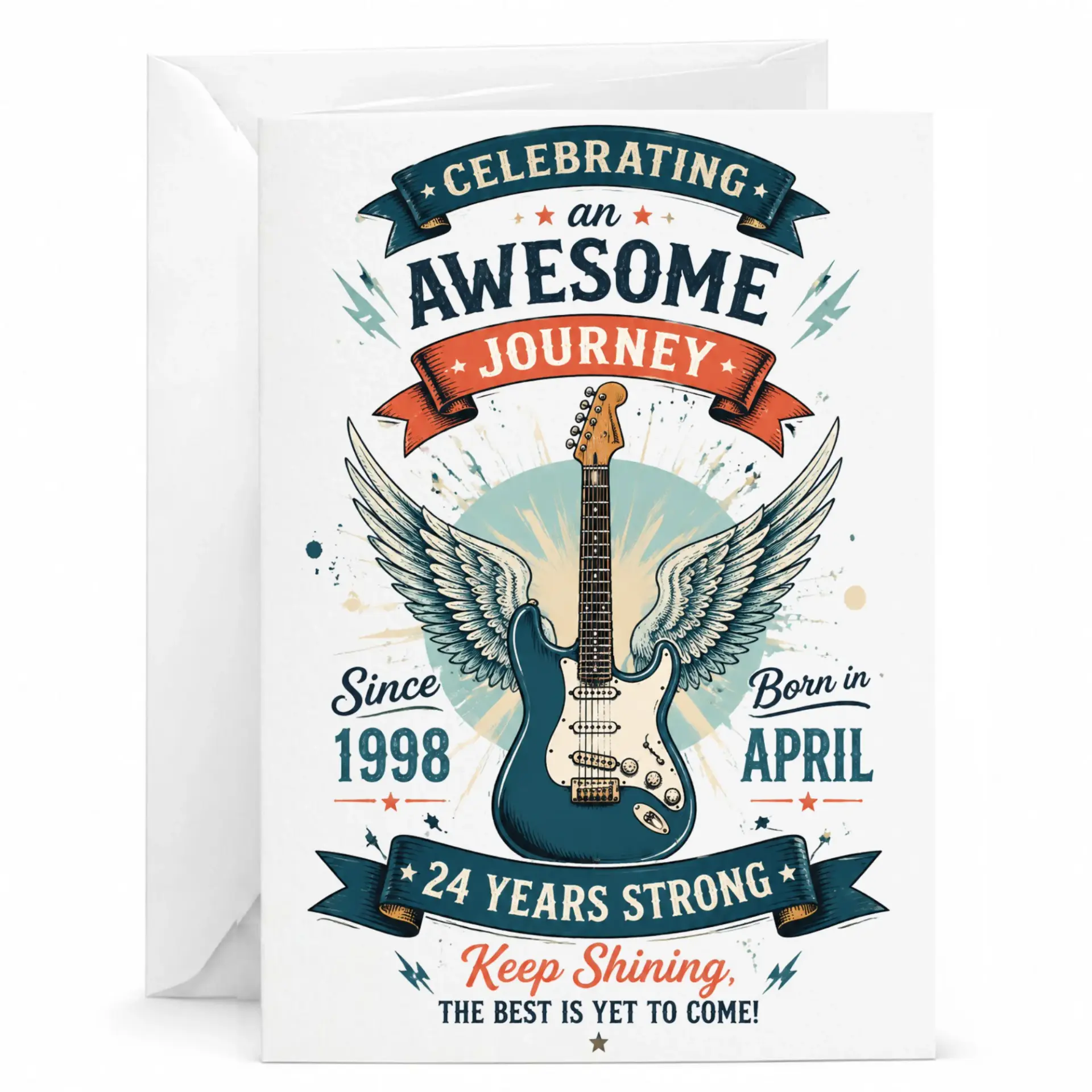 Greeting Card for Musician Birthday Celebrating an Awesome Journey Since 1998 24 Years Strong Vintage Guitar Design