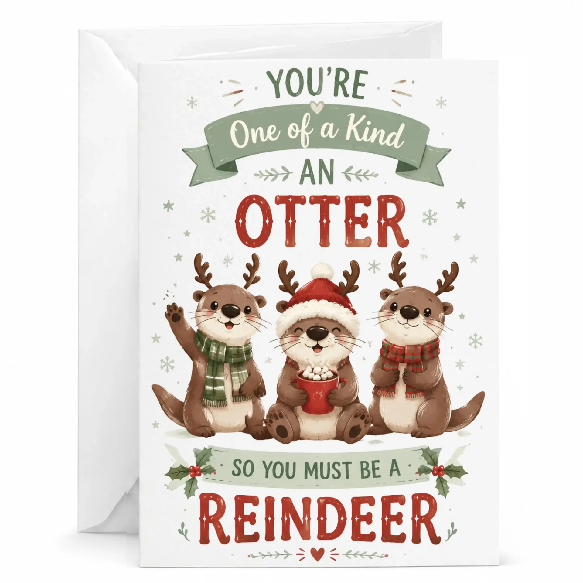 Funny Otter Holiday Greeting Card with Envelope, Cute Animal Pun Christmas Card for Friends, Family, and Loved Ones