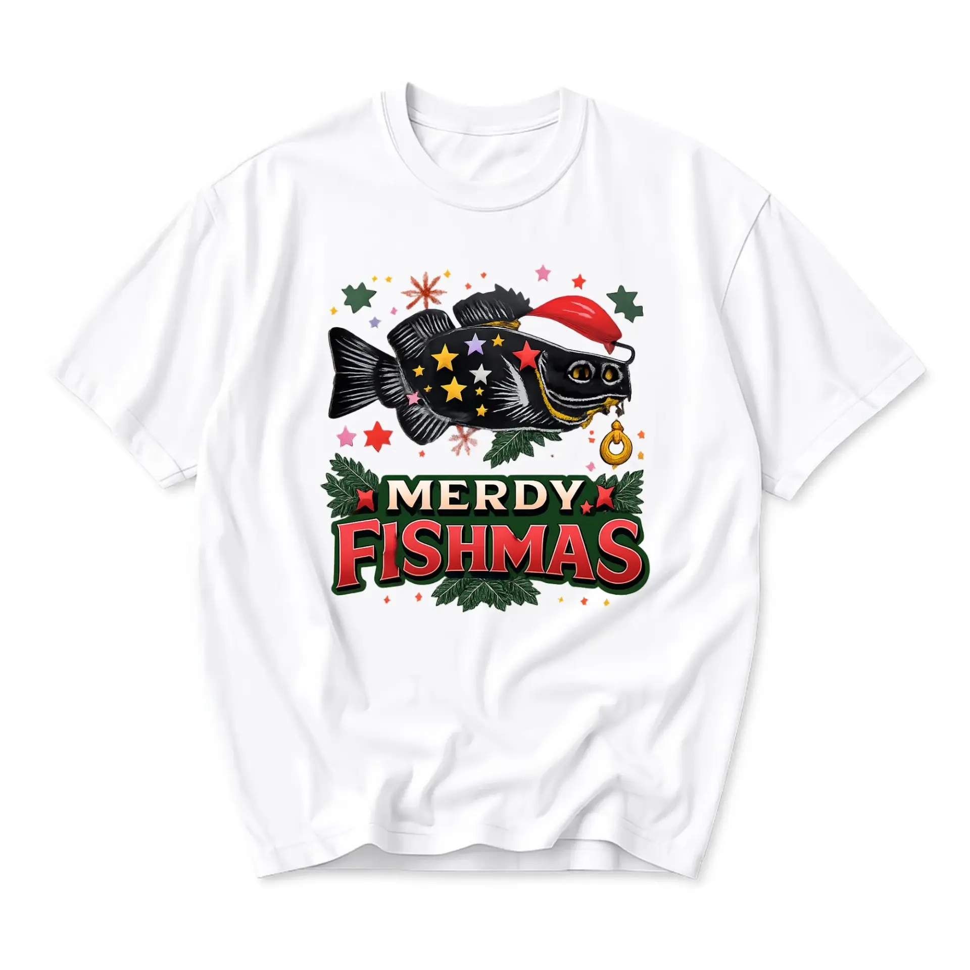 Funny Shirt Merdy Fishmas Holiday Graphic Tee Casual Unisex Crew Neck Print