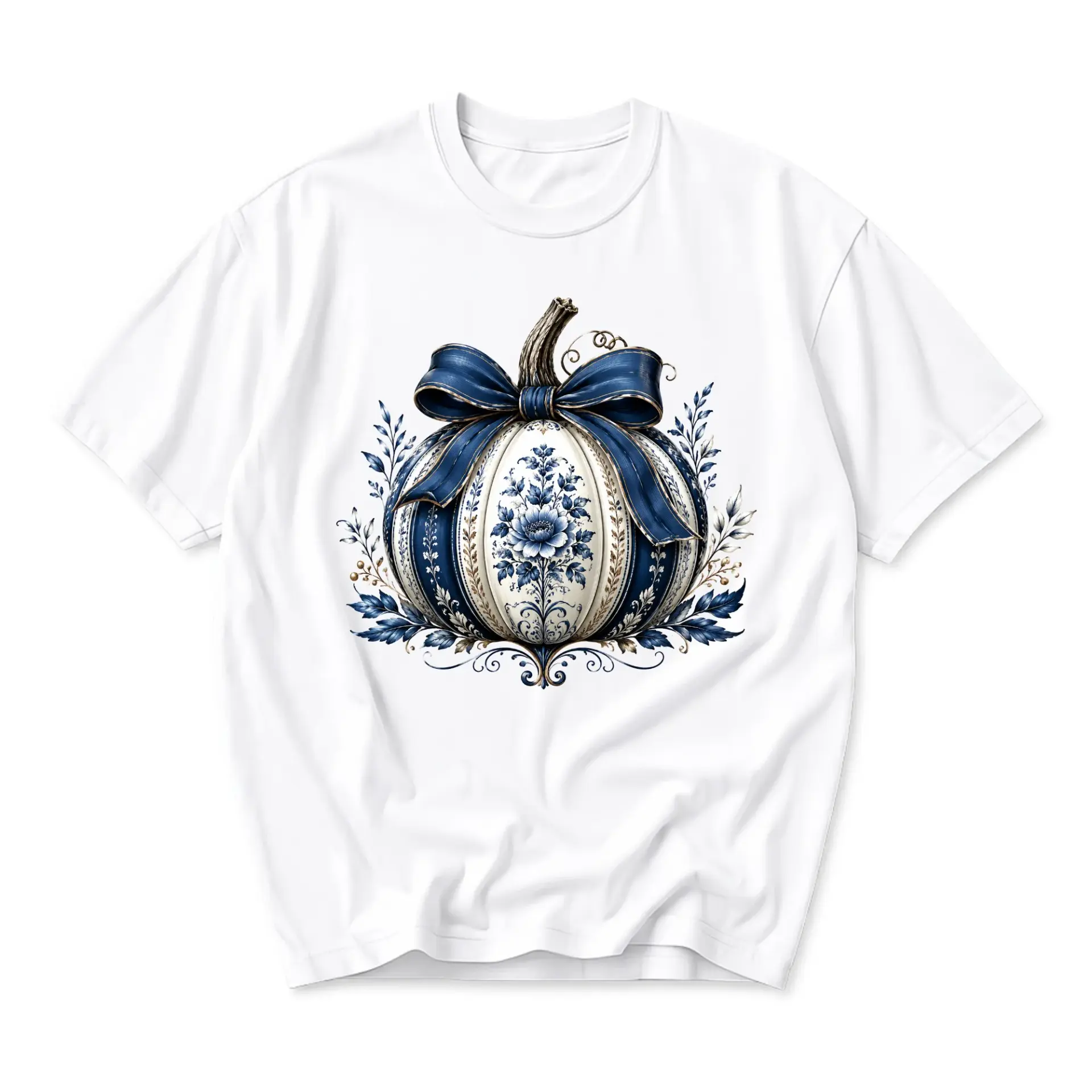 Graphic Tee Unisex Crew Neck T-Shirt Featuring Blue Floral Pumpkin Art Seasonal Autumn Apparel for Casual Everyday Wear