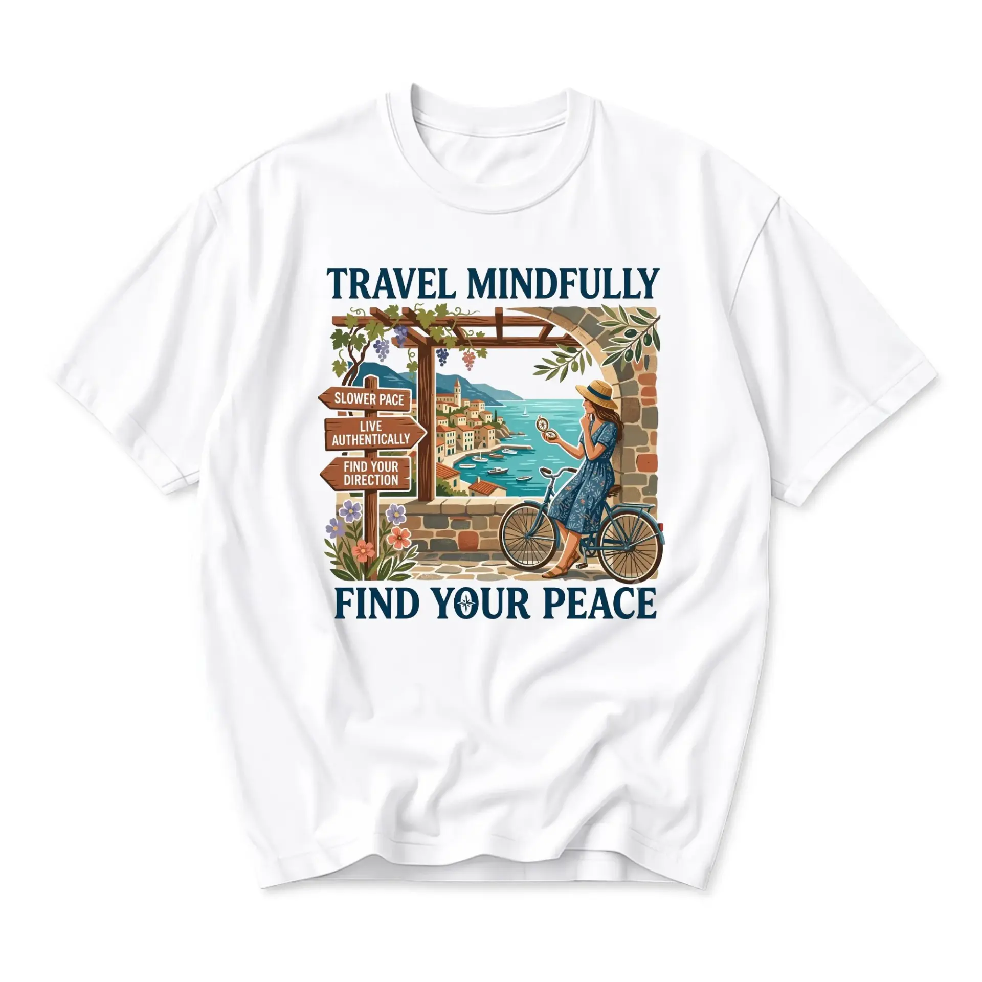 Graphic Tee Travel Mindfully Find Your Peace T-Shirt Mediterranean Landscape Illustration Unisex Casual Cotton Shirt