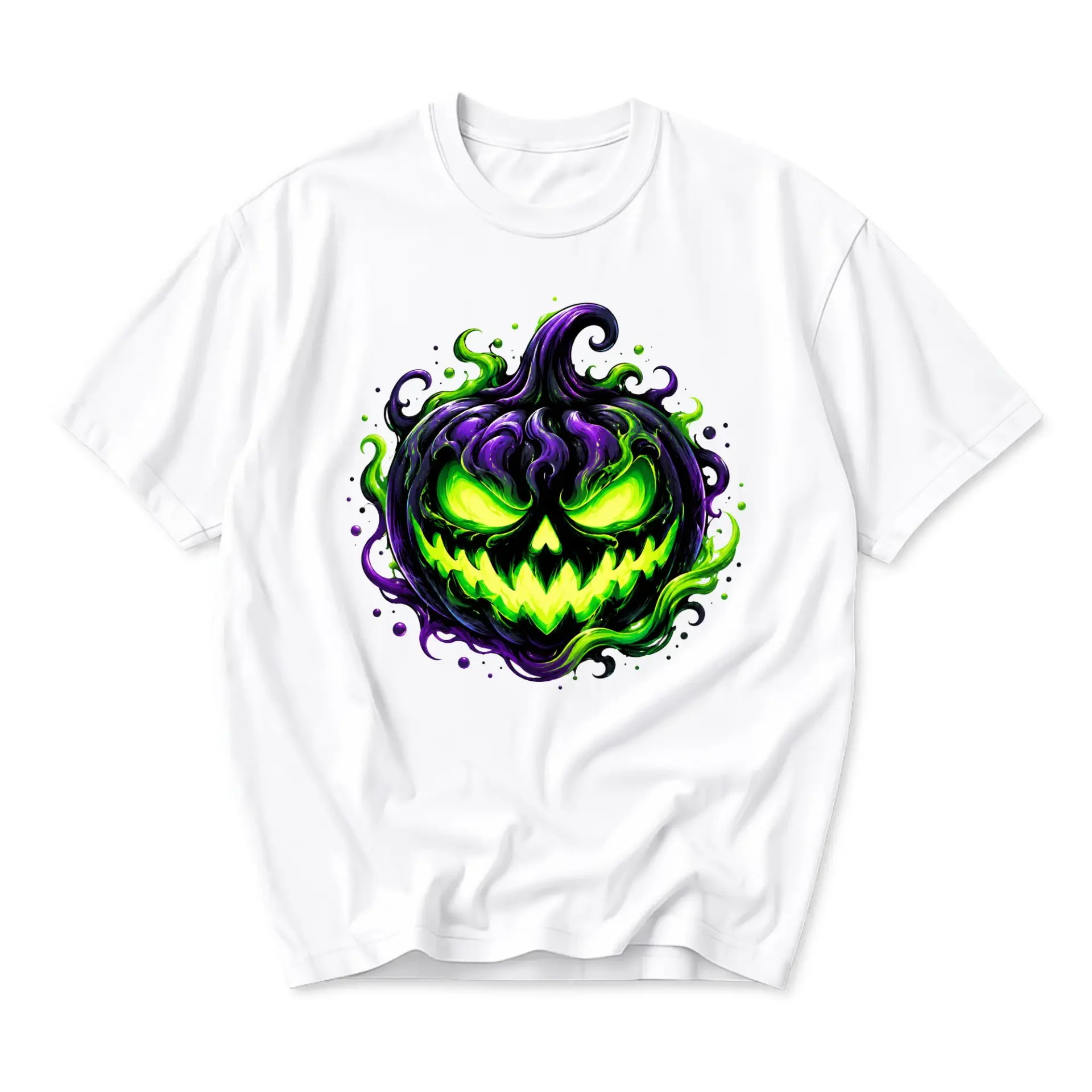 Graphic Tee Unisex Halloween Pumpkin Shirt Neon Green Purple Liquid Art Print Casual Short Sleeve Cotton Top