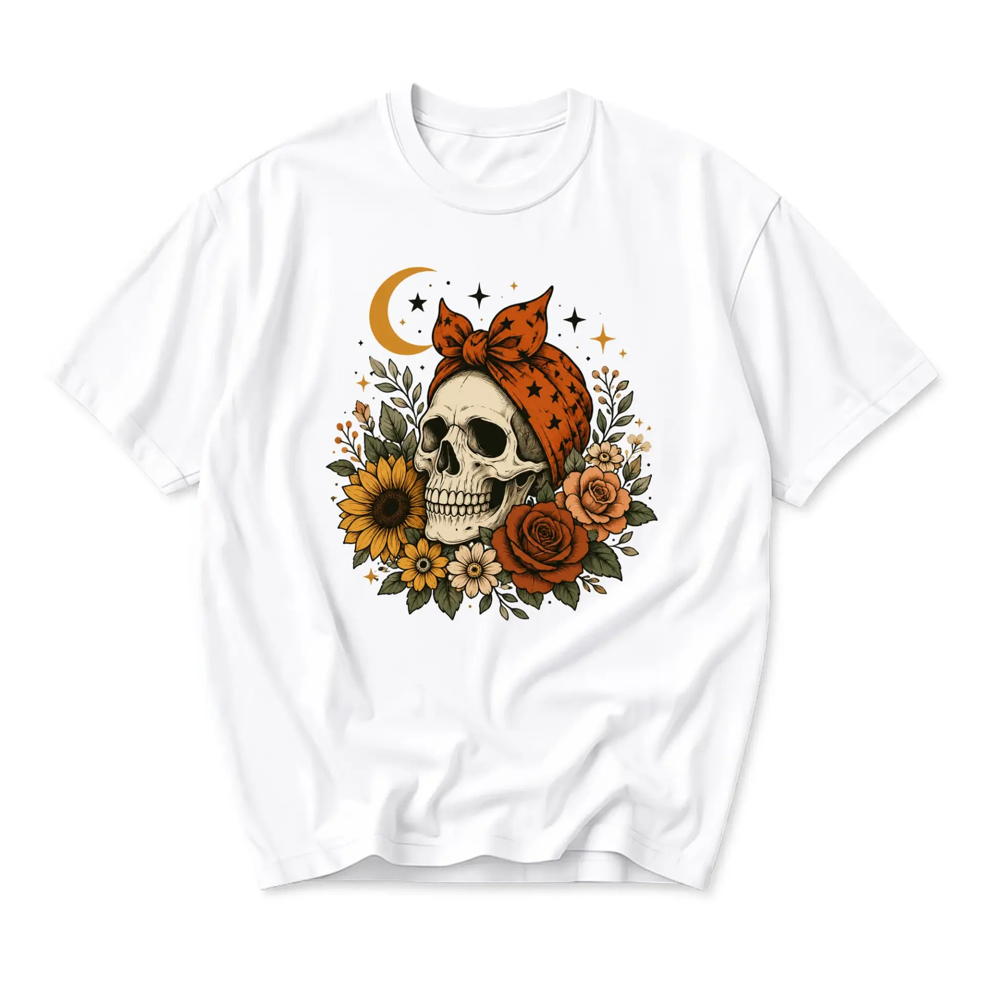 Graphic Tee Unisex Crew Neck T-Shirt Featuring Celestial Skull with Floral Headband and Sunflowers Roses Print