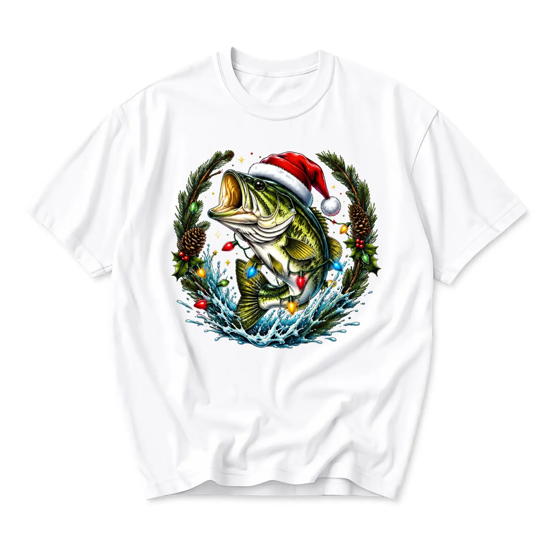 Graphic Tee Unisex Holiday Fishing Shirt Festive Largemouth Wearing Santa