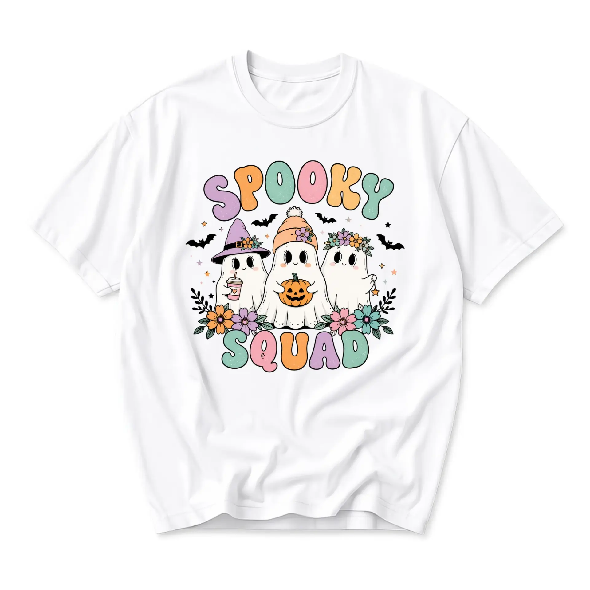 Graphic Tee Spooky Squad Cute Ghosts Floral Design Unisex Crew Neck Soft Casual Everyday Autumn Halloween T-Shirt Top