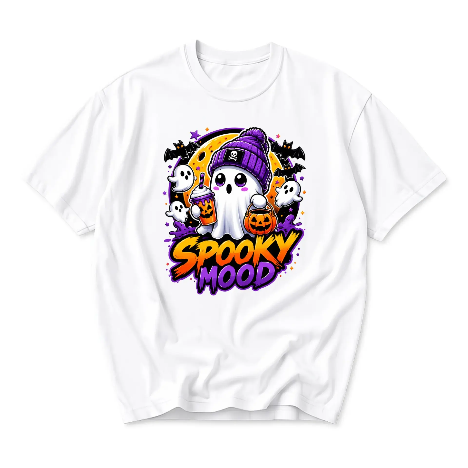 Funny Shirt Spooky Mood Graphic Tee Unisex Halloween Ghost Design Short Sleeve Crew Neck Cotton Casual Summer Apparel