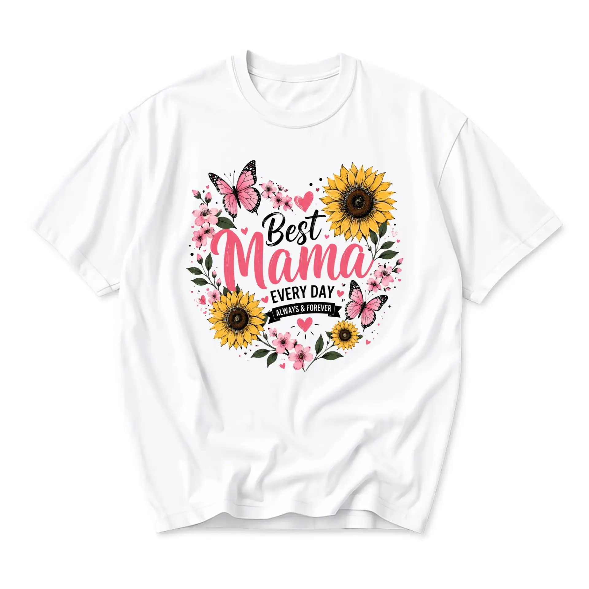 Graphic Tee Best Mama Sunflower Butterfly Floral Print Unisex Casual Crew Neck T-Shirt for Everyday Comfortable Wear