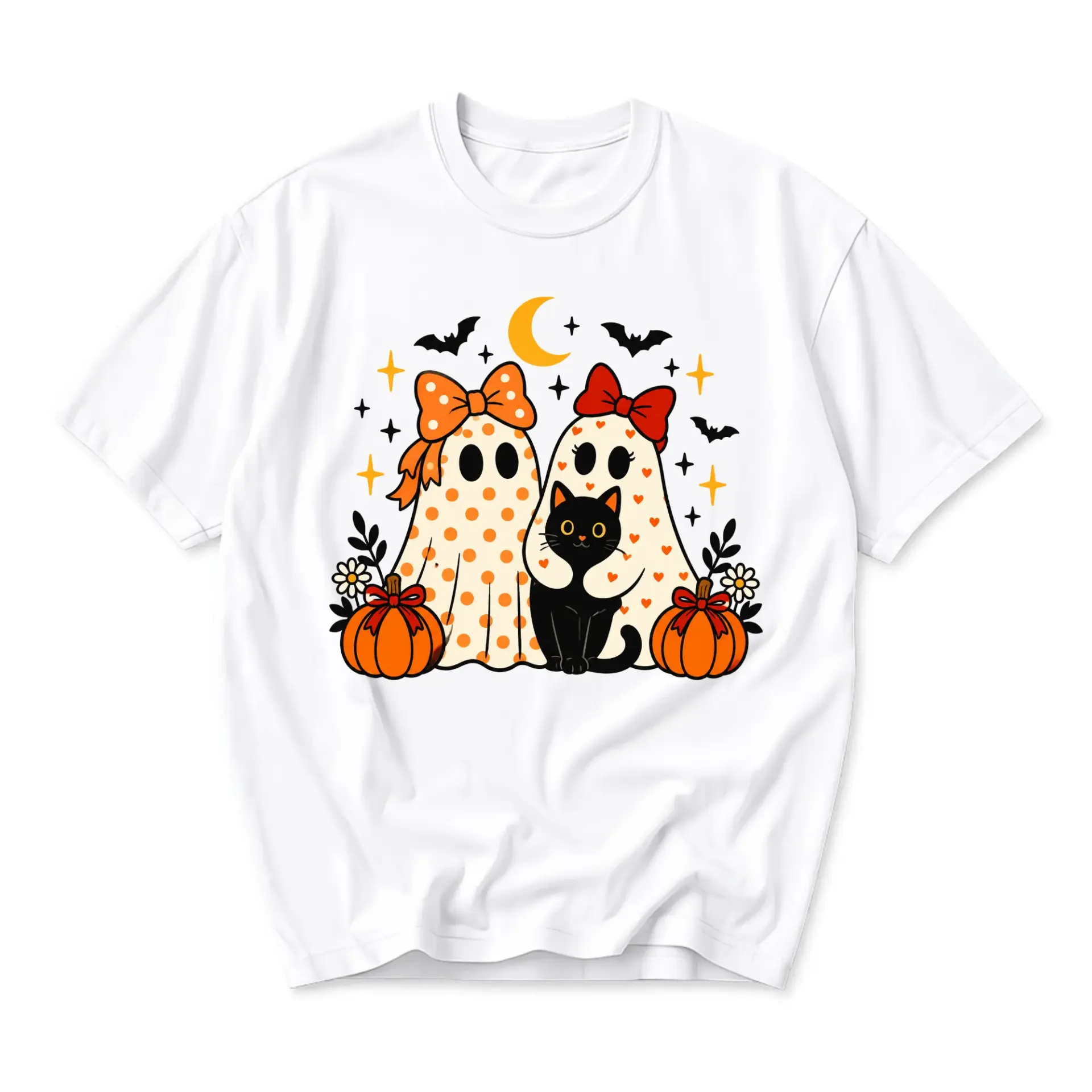 Graphic Tee Ghost and Black Cat Pumpkin Print Unisex Crew Neck Casual Everyday Wear Soft Cotton Blend Shirt