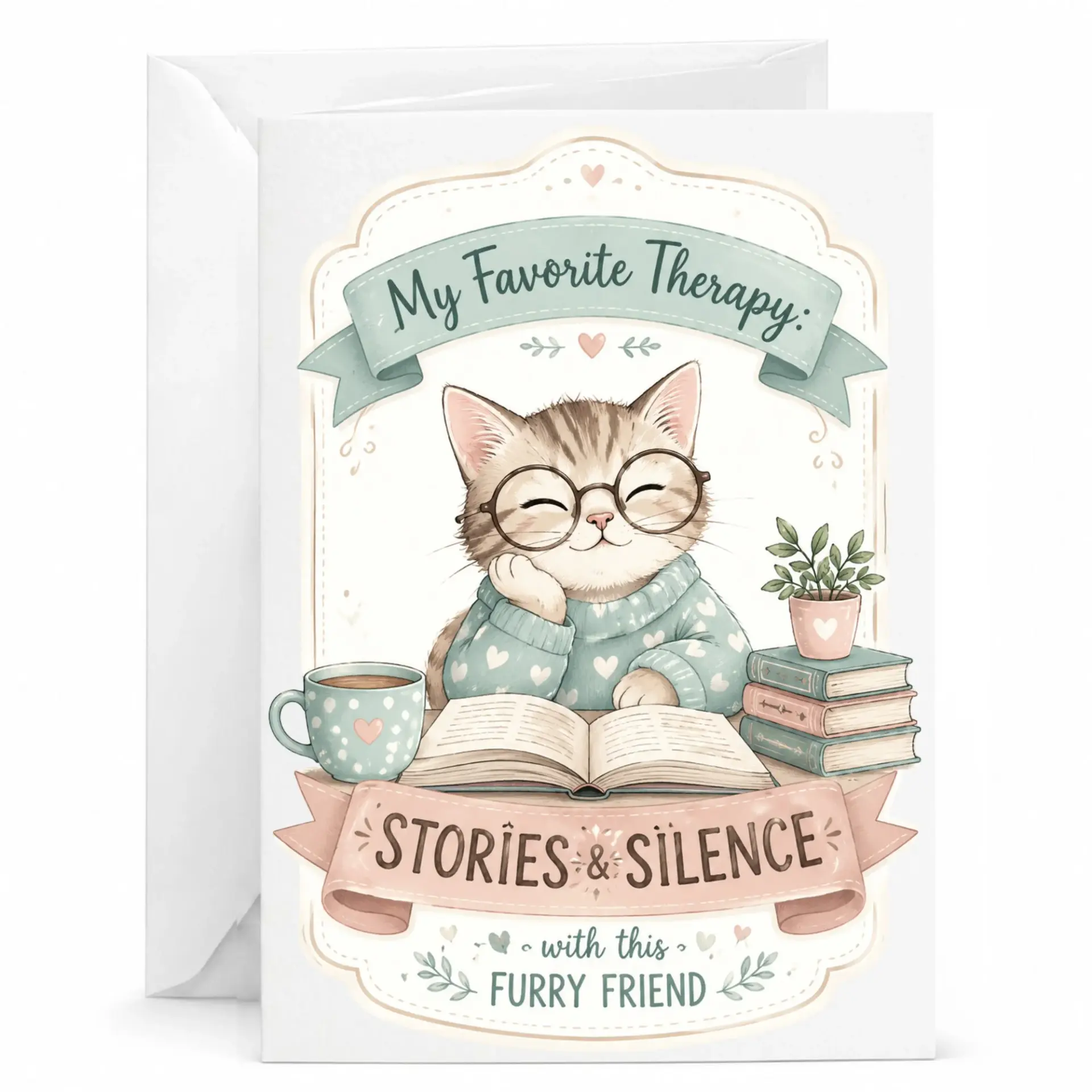Funny Cat Greeting Card My Favorite Therapy Stories and Silence with This Furry Friend for Book Lovers Enthusiasts