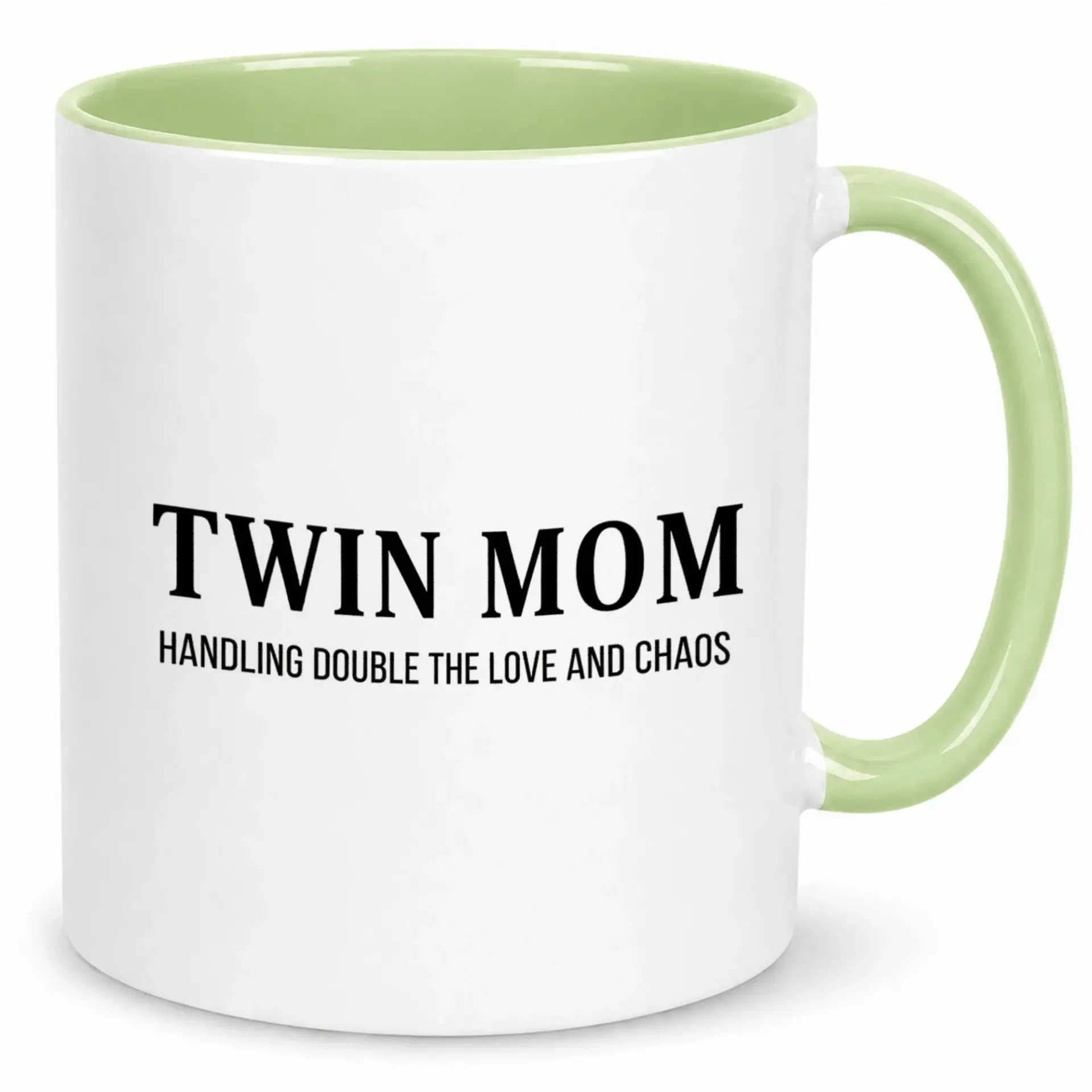 Mom Coffee Mug for Parents of Multiples Durable White Ceramic Cup with Green Handle and Interior Unique Gift Mother's Day Birthday or Everyday Use