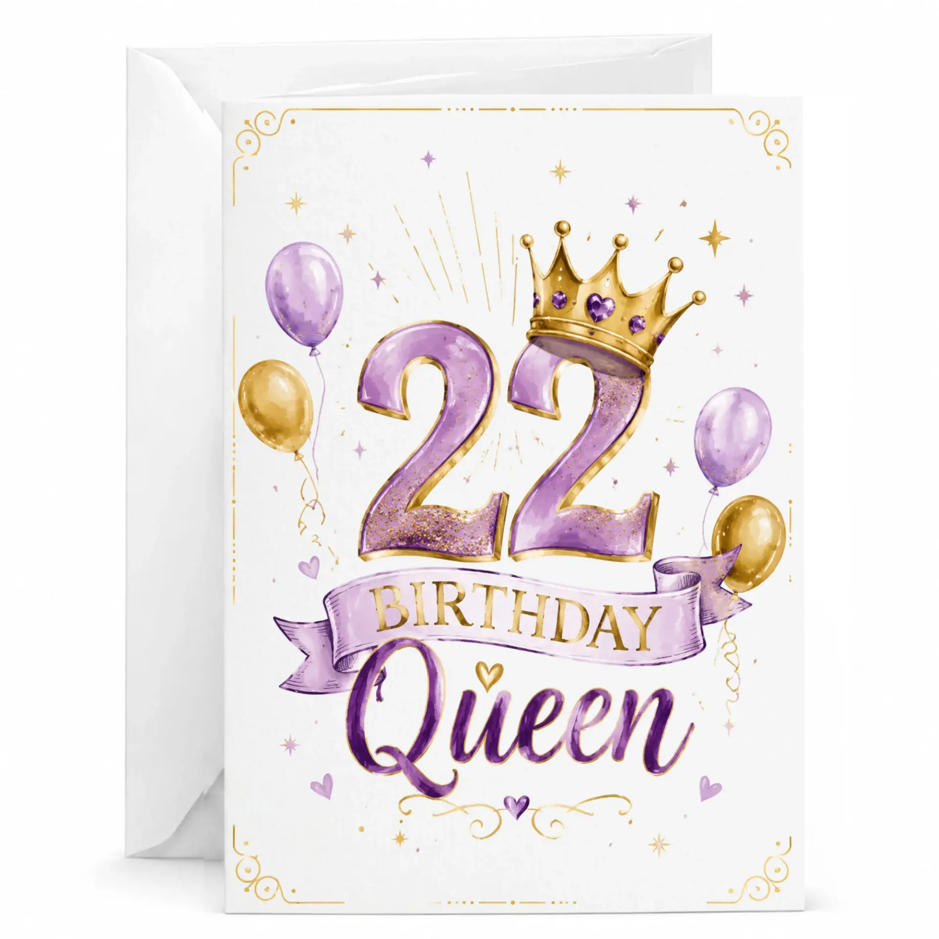 Birthday Card for 22nd Birthday, Royal Purple and Gold Queen Theme Greeting Card with Matching White Envelope