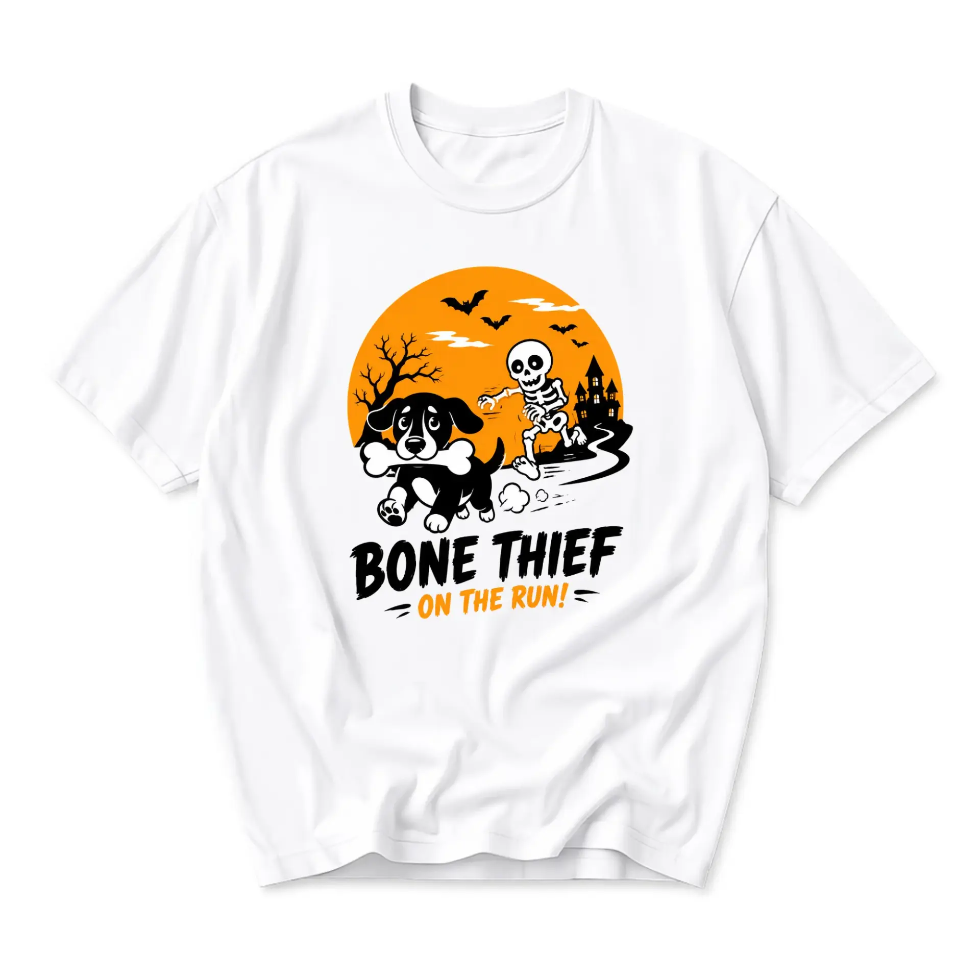 Funny Shirt Bone Thief on the Run Graphic Tee Halloween Inspired Unisex Short Sleeve Crew Neck Cotton Casual Apparel