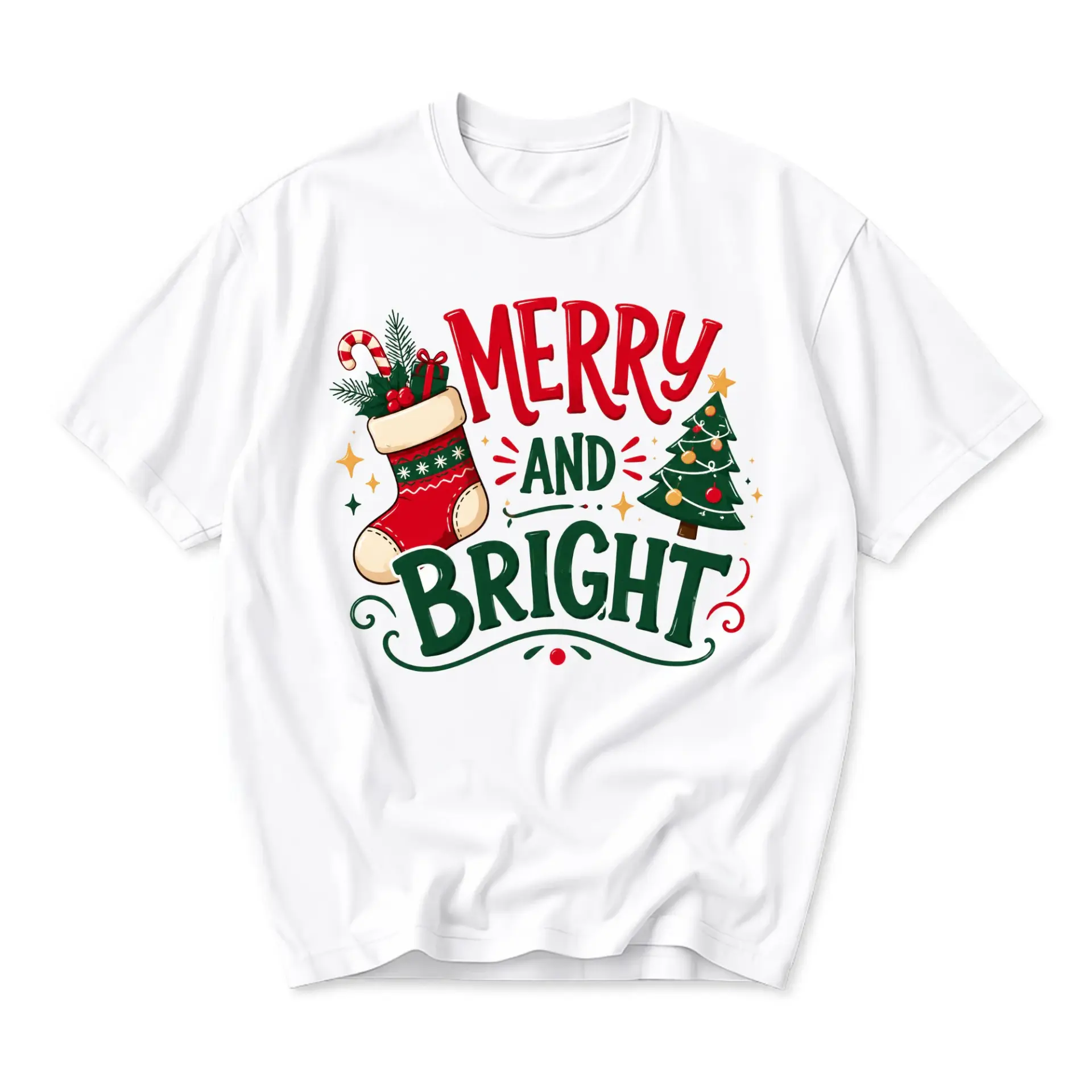 Graphic Tee Merry and Bright Christmas Holiday T-Shirt Unisex Crew Neck Casual Everyday Seasonal Cotton Top